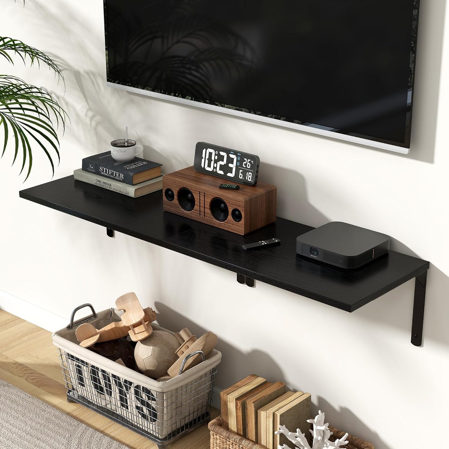 Fun Memories Floating Shelves for Wall, 12 Inch Deep Floating Shelves Set of 2, Wall Mounted Shelf with Metal Brackets, Rustic Wood Wide Shelf for Bathroom, Kitchen and Living Room, Black, 24W x 12D