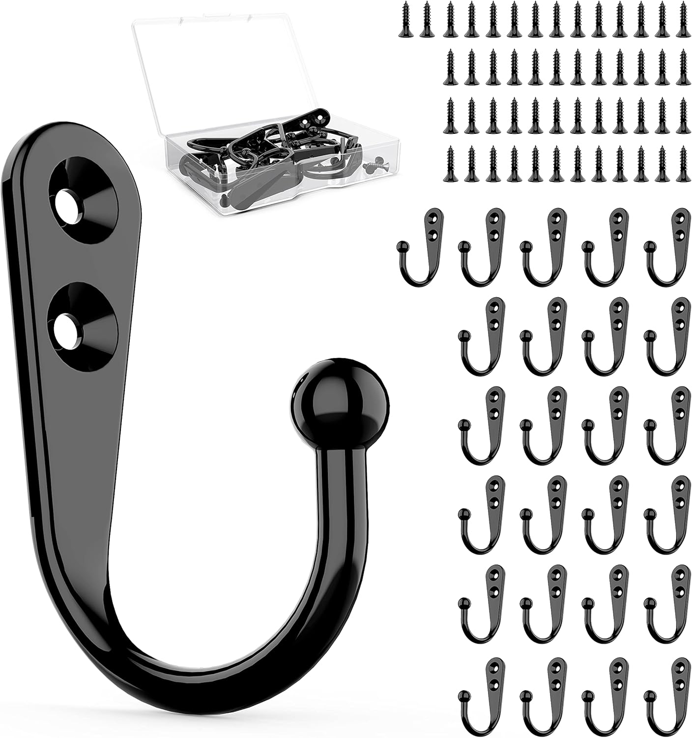 25 Pcs Black Wall Mounted Coat Hooks, Hanger Hook with 50 Pieces Screws for Hanging Hat, Towel, Key, Robe, Coats, Scarf, Bag, Cap, Coffee Cup, Mugs