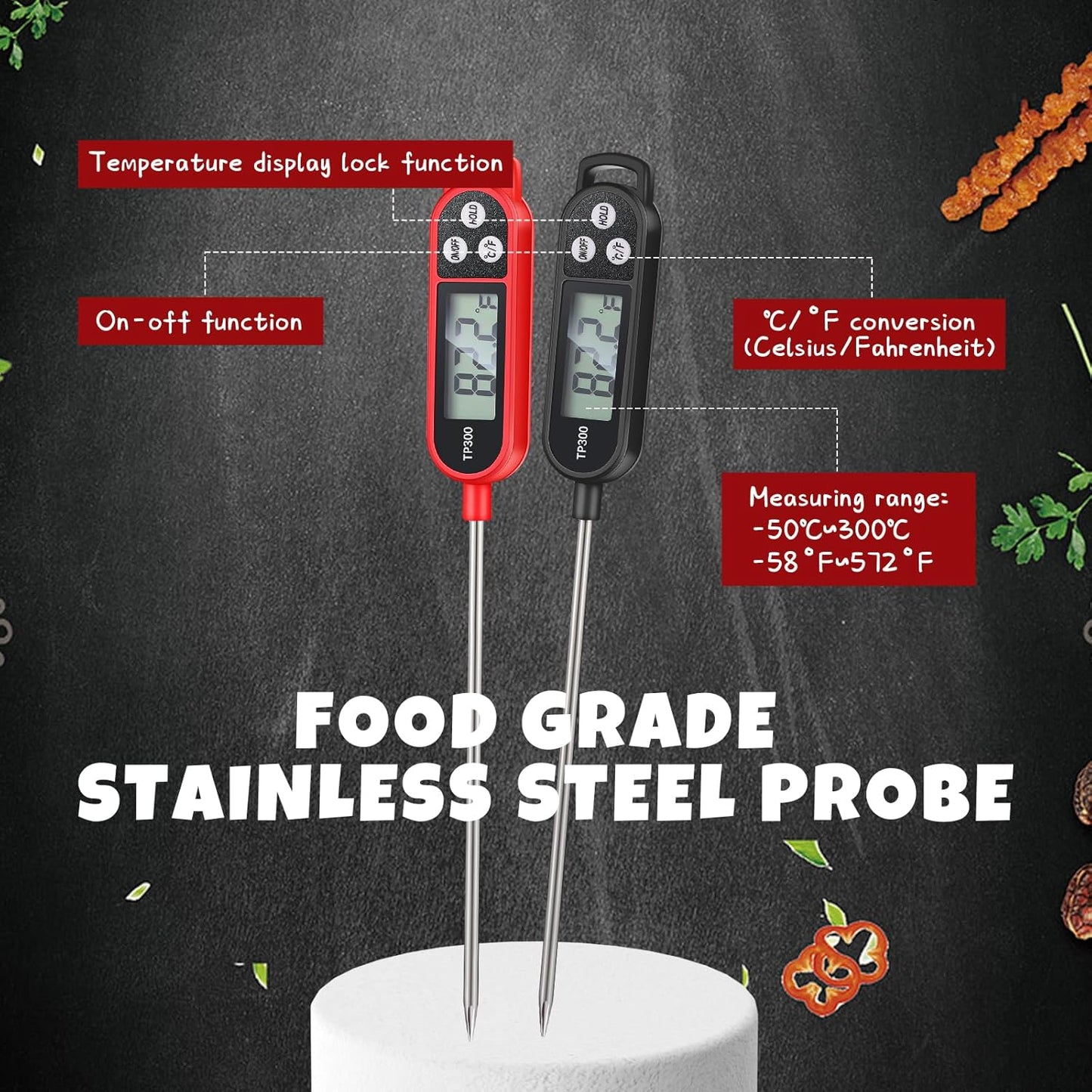 6 Pcs Meat Food Thermometer Food with Probe Water Liquid Instant Read Digital Thermometer Kitchen Cooking Supplies for Cooking BBQ Milk Yogurt (Red,Black)