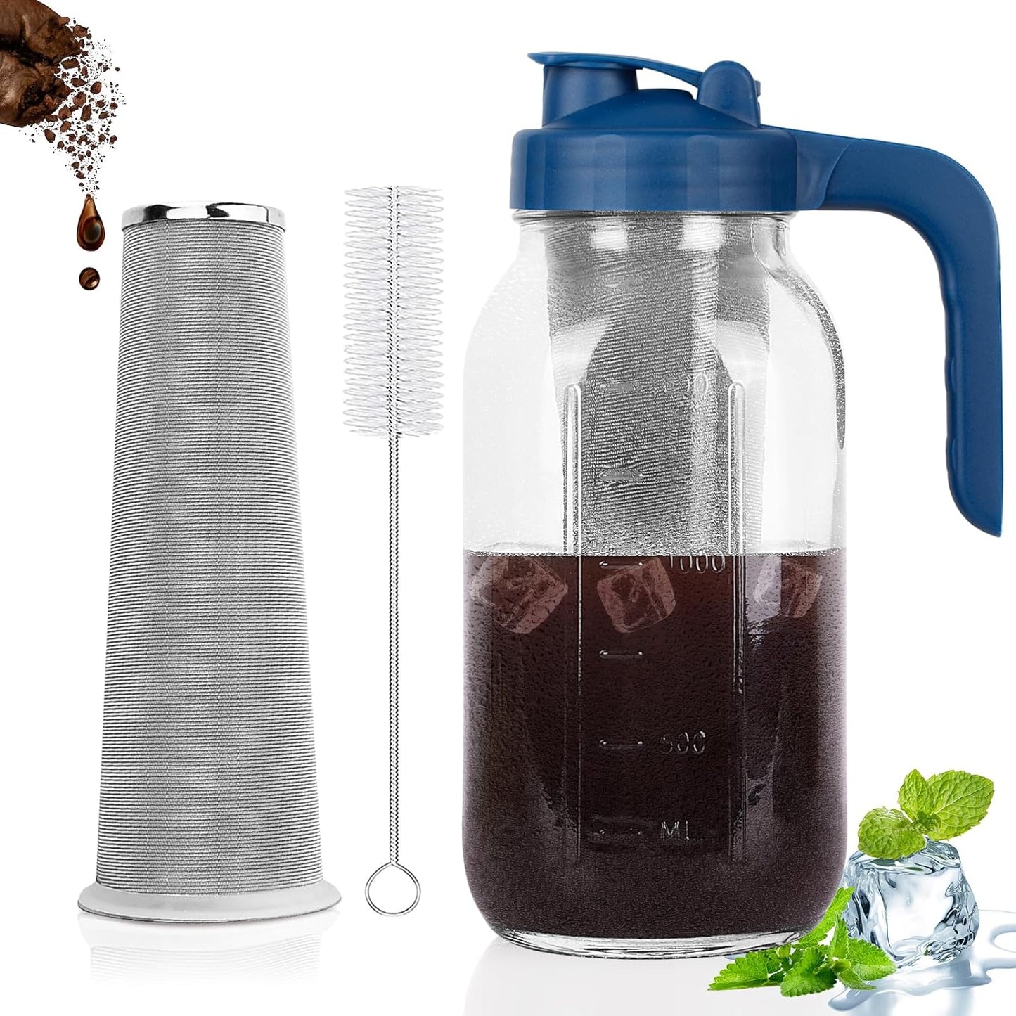 Cold Brew Coffee Maker Pitcher,64 Oz Heavy Duty Glass Mason Jar Pitcher with V-shaped Pour Spout Handle Lid,Stainless Steel Filter for Iced Coffee,Iced tea,Fruit Drinks,lemonade - Blue