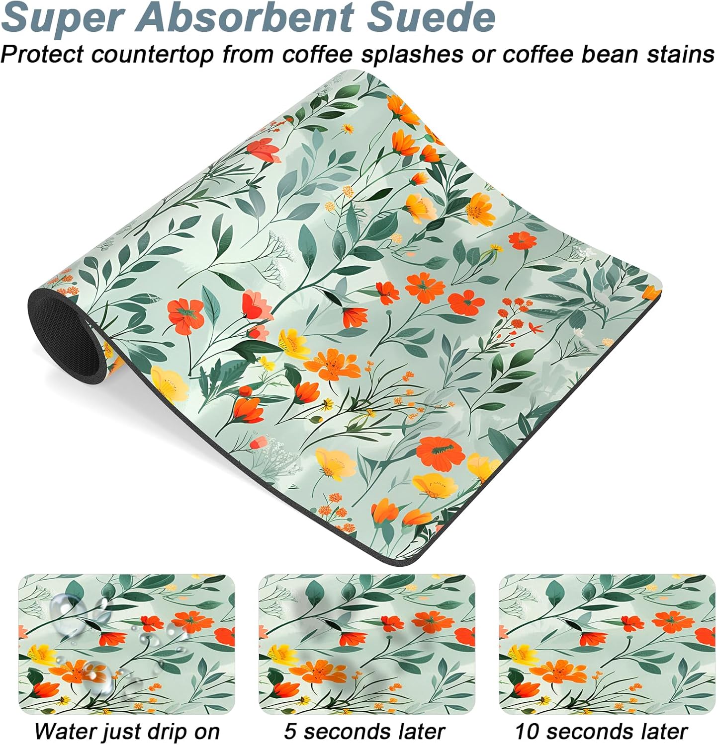 Rnivvi Coffee Mat, 12" x 19" Cute Coffee Bar Mats for Espresso Machine Station Accessories and Organizer, Hide Stain Rubber Backed Absorbent Dish Drying Pad for Kitchen Counter, Abstract Flowers