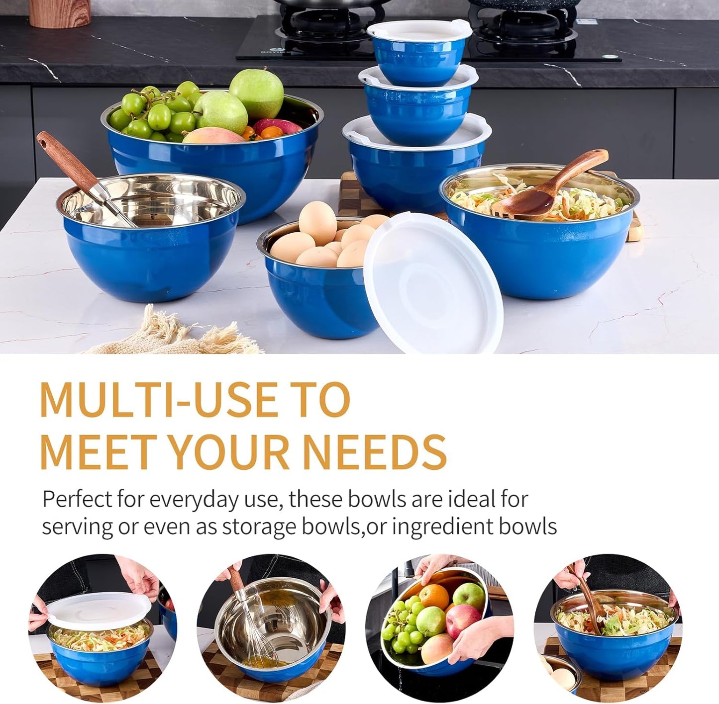 Blue Mixing Bowls With Airtight Lids,Stainless Steel Bowl,Salad Bowls 7 Piece Colorful Nesting Bowl Blue Kitchen Accessories,Size 7,3.6,2.7,2.1,1.5,1.1,0.8QT Stackable Design