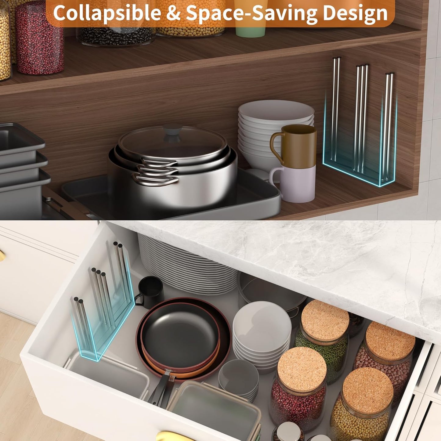 Foldable Bottle Drying Rack, Baby Bottle Drying Rack, Collapsible Cup Draining Holder, Retractable Reusable Storage Bag Dryer with Non-Slip Bottom - Stainless Steels (Silver)