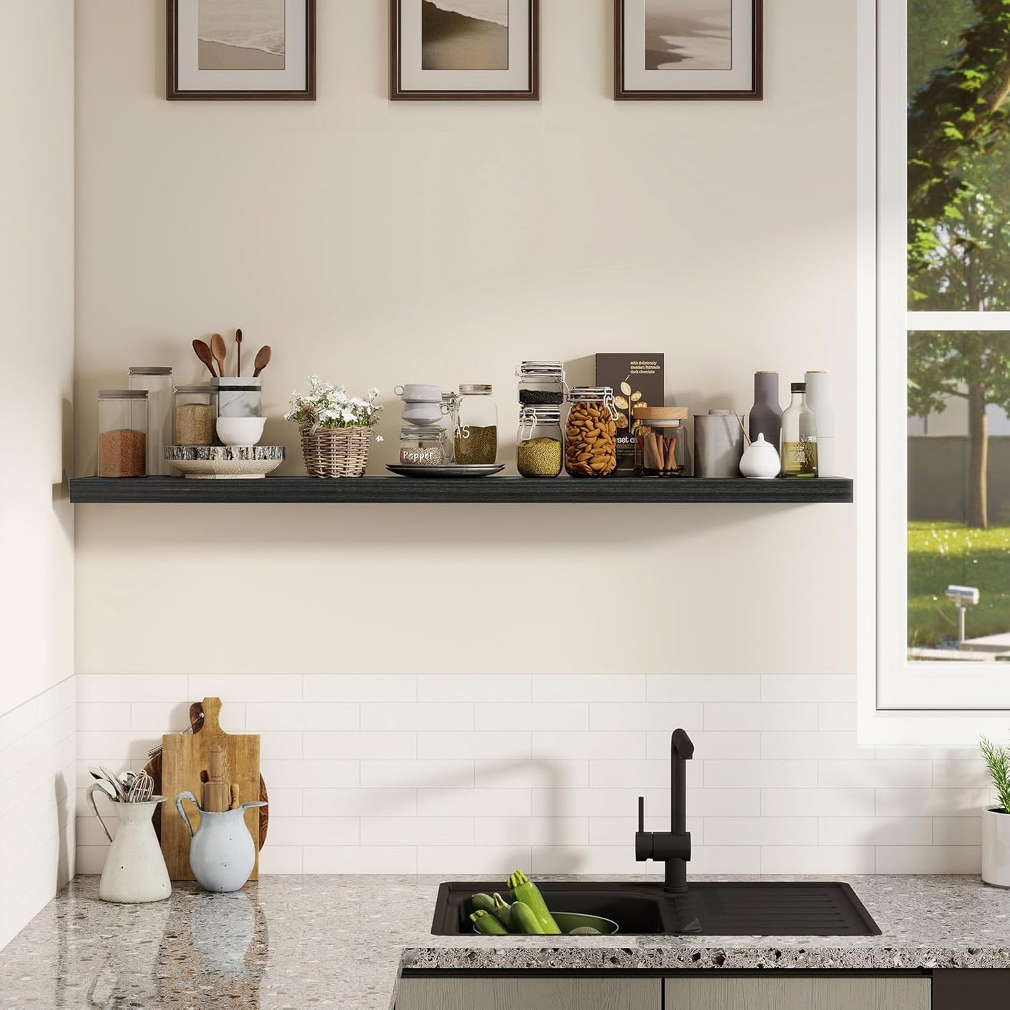 Fun Memories Rustic Real Wood Floating Shelves, 8 Inch Deep Floating Shelf Wall Mounted, 48" W x 8" D Wall Shelves Storage Shelves for Living Room, Bedroom, Bathroom, Black Finish, Set of 1