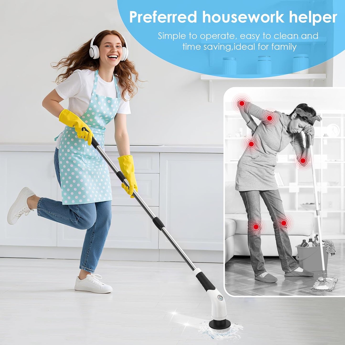 Electric Spin Scrubber,Cordless Cleaning Brush, 3-Speed,7 Replaceable Brush Heads & Long Detachable Handle, LCD Display Shows RPM/Torque/Battery, for Bathroom, Kitchen, Tile