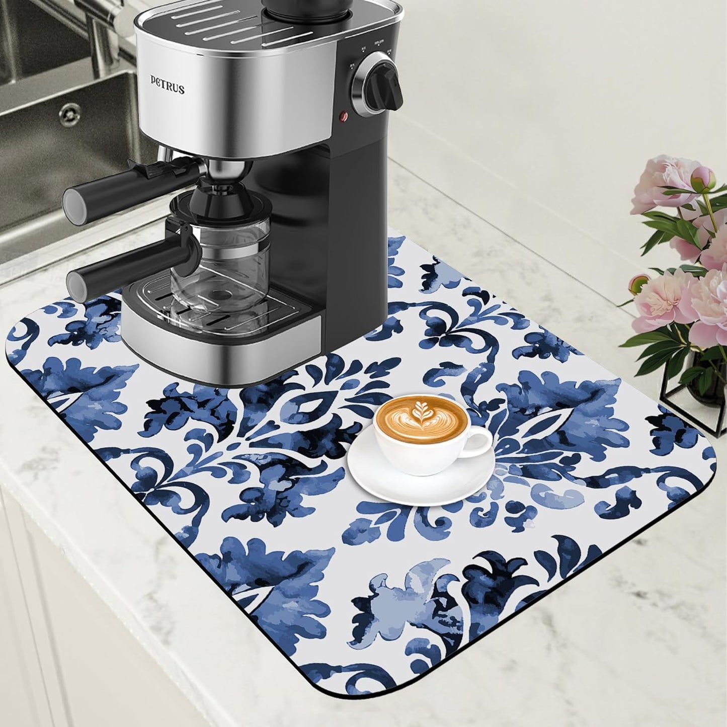 Blue Damask Flower Dish Drying Mat for Kitchen Counter Bar Mat Hide Stain Absorbent Rubber Backed Coffee Maker Espresso Machine Bar Accessories 11.8 x 19.7 Inch