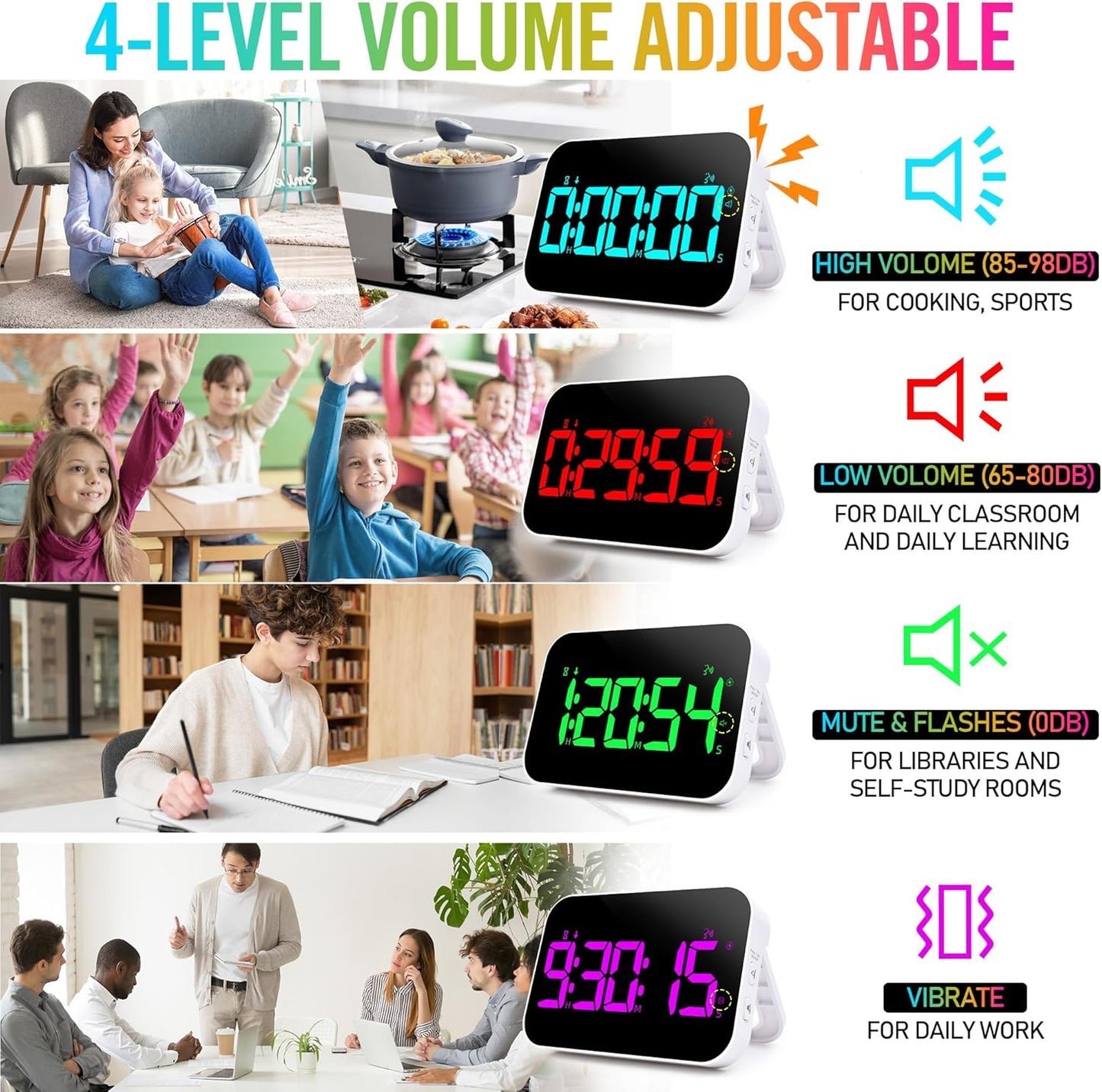 TXL Kitchen Timer for Cooking, Rechargeable Digital Magnetic Timer with Large LED Display, Loud Alarm, Sound Countdown, 4 Volume Levels and 3 Brightness for Classroom, Study (RGB)