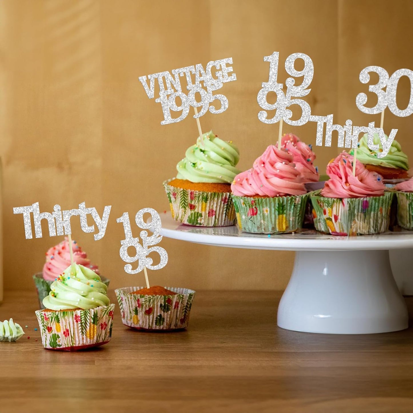 Gyufise 24Pcs Happy 30th Birthday Cupcake Toppers Glitter Thirty 30 Fabulous Vintage 1995 Cupcake Picks for 30th Birthday Wedding Anniversary Party Cake Decorations Supplies Silver