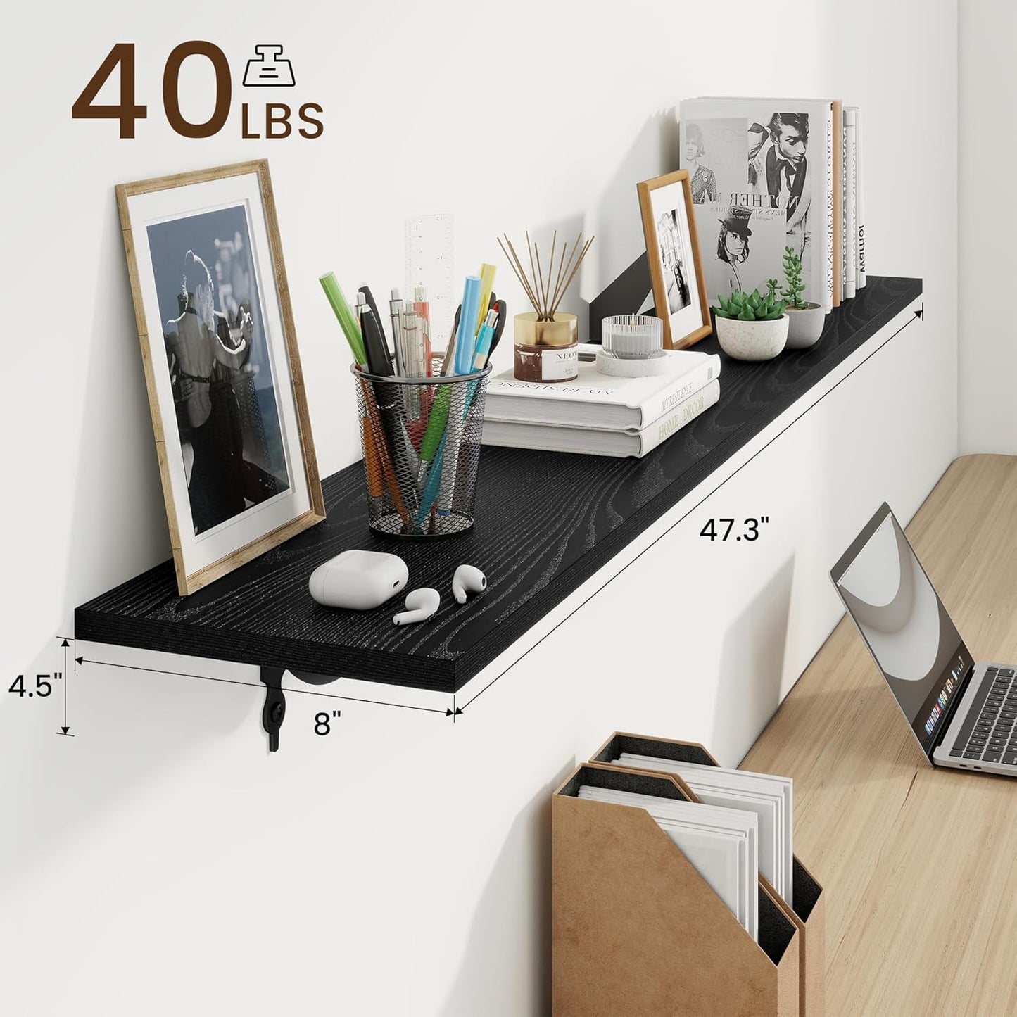 RICHFOCUS Floating Shelves for Wall Decor, 47.3W x 8D Wall Shelves Set of 2, 8 Inch Deep Rustic Wood Shelves Wall Mounted with Brackets, Long Floating Shelves for Living Room Bedroom Kitchen, Black