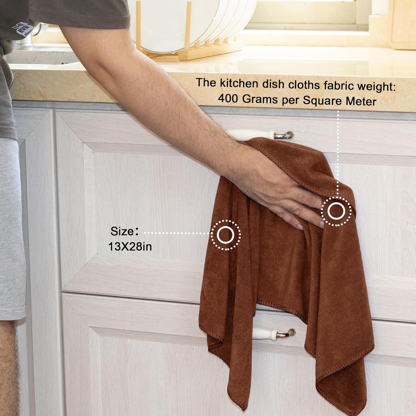 kimteny 13x28 Inches Kitchen Cloth Dish Towels, 400 GSM Premium Dishcloths, Super Absorbent Coral Velvet Microfiber Cleaning Cloths, Fast Drying Rags for Washing Dishes (8 Pack, Brown)