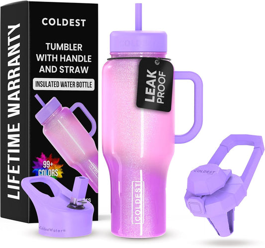 Coldest 40 oz Tumbler with Handle and Straw, 100% Leak Proof Insulated Tumbler with Lid and Straw (3 Lids), Stainless Steel Tumblers for Women & Men, Cup Holder Friendly, 36 oz (Popsicle Dream)