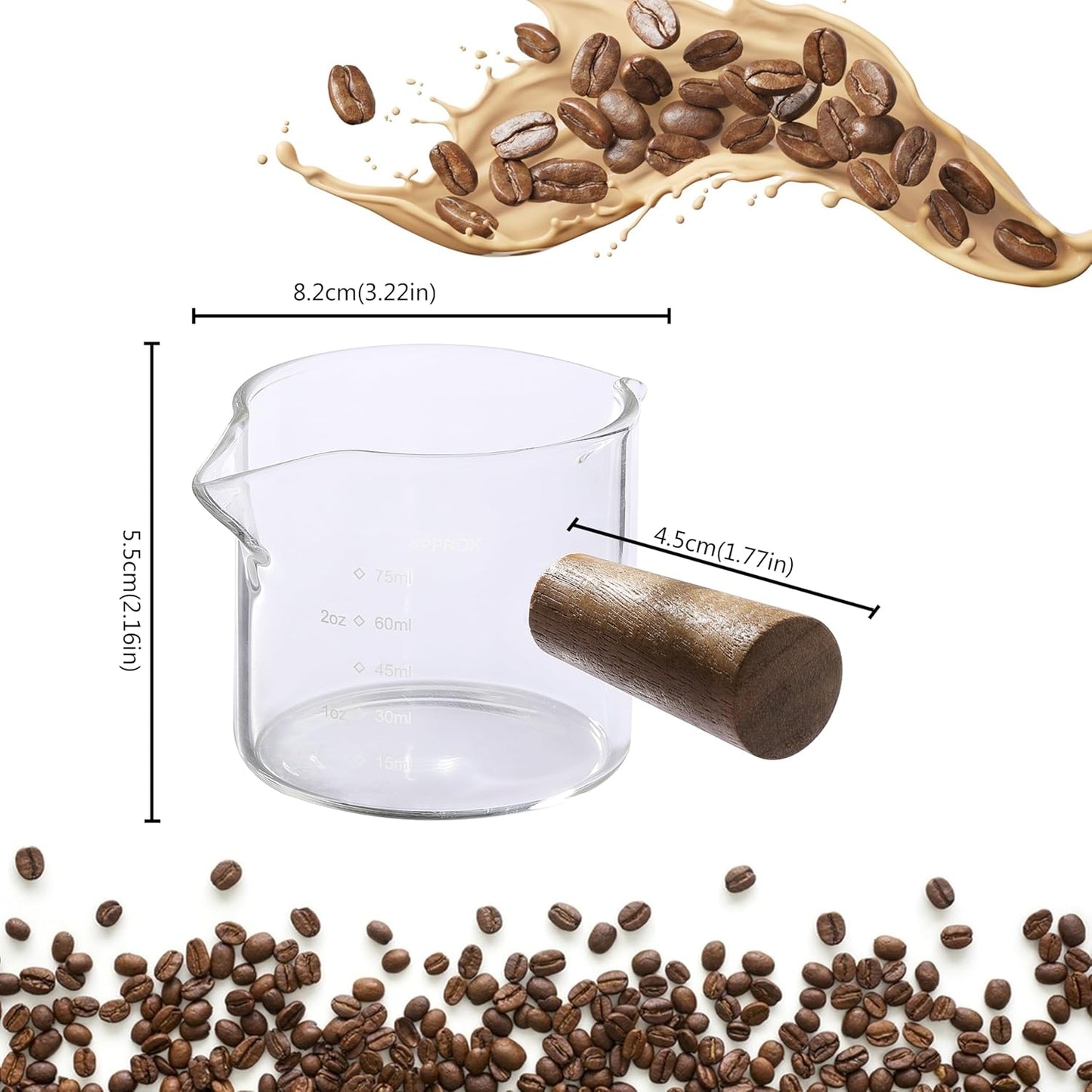 2 Pack Measuring Cups, Espresso Shot Glass with Wood Handle, Clear Glass with Dual Scale, Espresso Accessories with Double Spouts, 2.5 OZ /75 ML