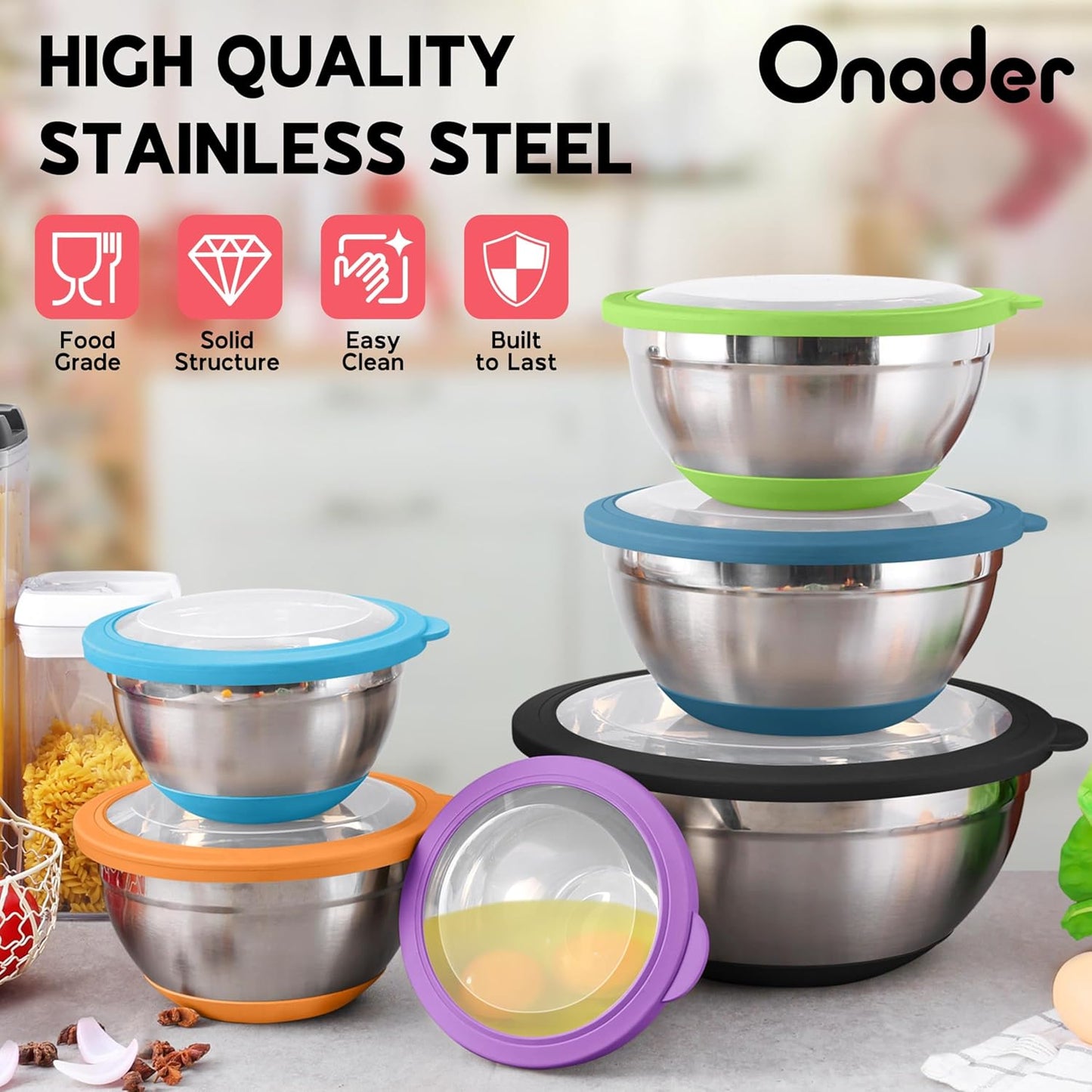 Colorful Mixing Bowl Set of 6 for Kitchen, Large Stainless Steel Metal Nesting Mixing Bowls with Airtight Lids, Non Slip - Size 1, 1.5, 2, 2.6, 3.5, 7QT