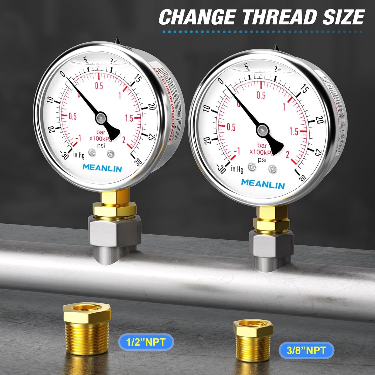MEANLIN MEASURE -30inHG~30Psi Stainless Steel 1/4" NPT 2.5" FACE DIAL Vacuum Pressure Gauge, Lower Mount, with 1/2" NPT and 3/8" NPT Hex Bushing