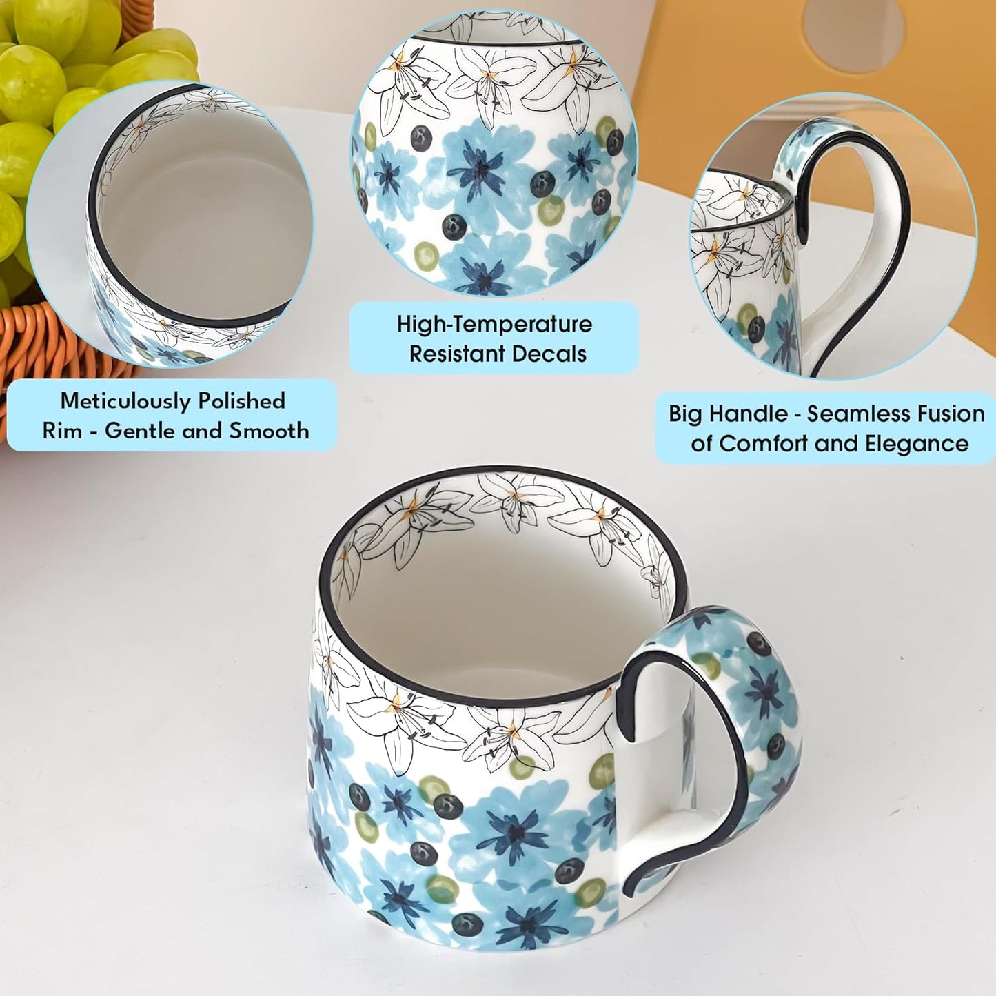 Ceramic Coffee Mug, 12oz Cute Floral Coffee Mugs with Large Handle, Blue Flower Design Stoneware Tea Cup for Office and Home