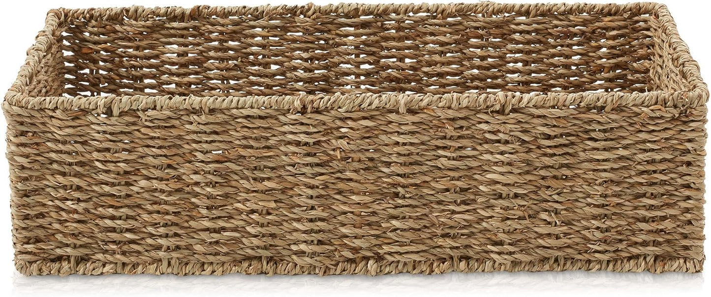 Casafield Set of 2 Bathroom Storage Baskets, Natural - Seagrass, 16" W x 6.75" D x 4.25" H, Woven Toilet Tank Topper Bins for Organizing Tissues, Toilet Paper, Toiletries, Shelves