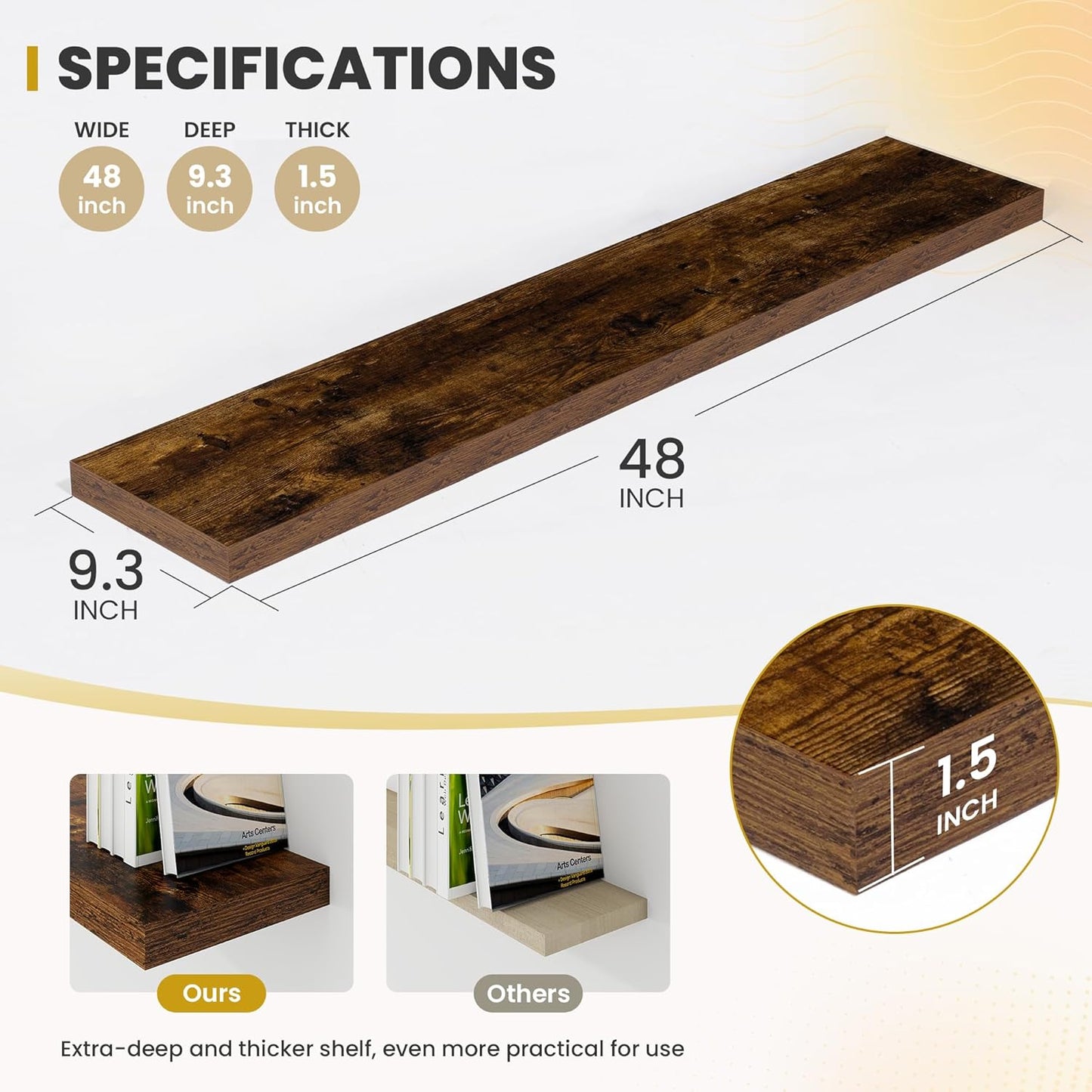 48 Inch Floating Shelves, 9.3" Deep Floating Shelf Wall Mounted, 48" Wall Shelves, Rustic Deep Bookshelf, Large Display Shelves & Storage Shelves for Bedroom, Living Room, Brown, Set of 1