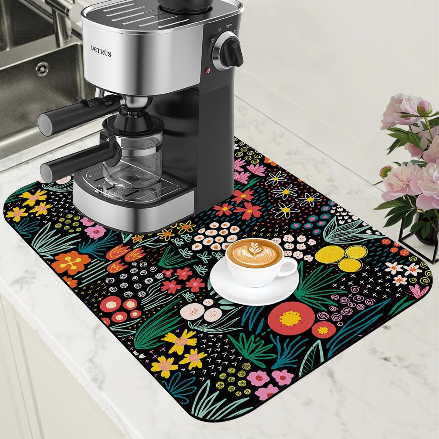 Dish Drying Mat Doodle Flower Meadow Coffee Bar Mat for Countertop Absorbent Rubber Backed Hide Stain Dish Drainer Rack Pad Coffee Pot Espresso Machine Dining Room Decoration 11.8 x 19.7 Inch
