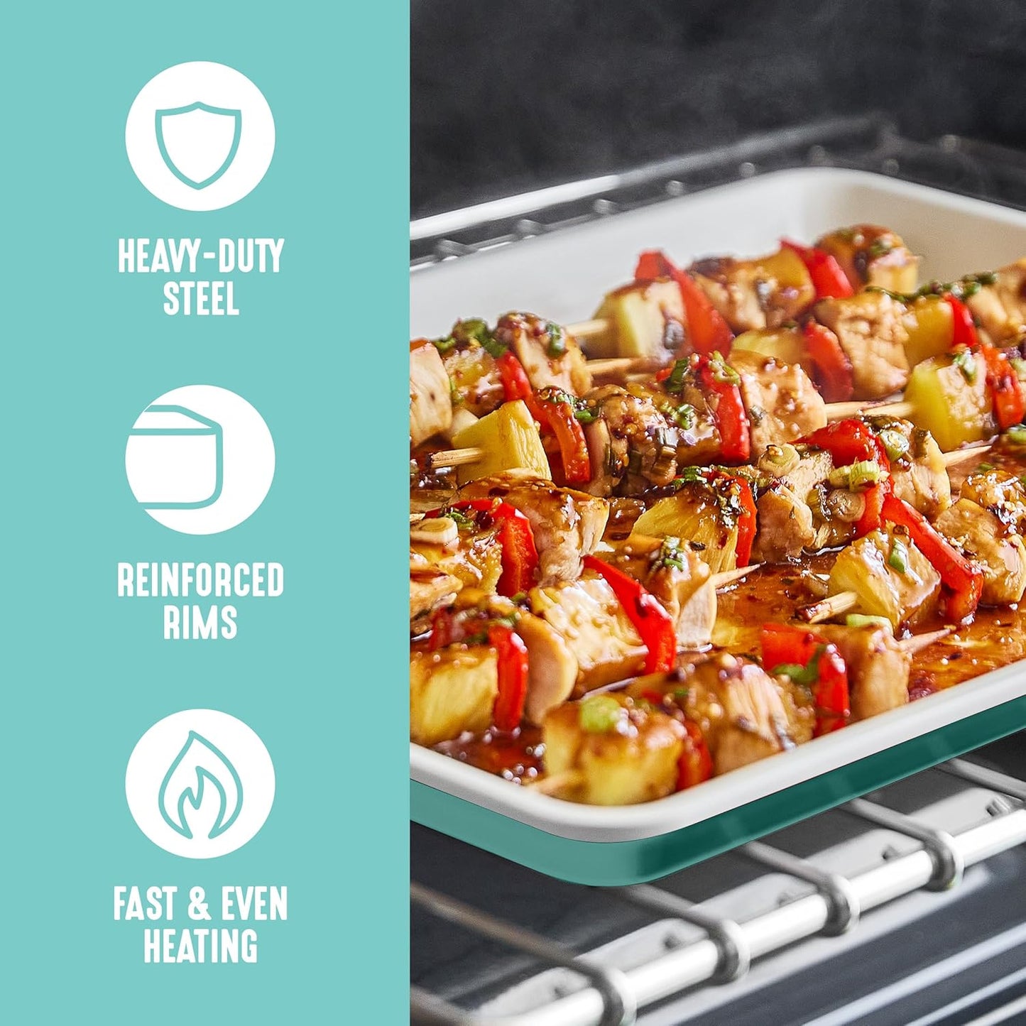 GreenLife 13" x 9" Quarter Sheet Baking Pans, 2 Piece Bakeware Set, PFAS-Free Ceramic Nonstick Rectangular Cookie Trays, Oven Safe to 450°F, Even Heating, Easy Clean Ovenware, Turquoise