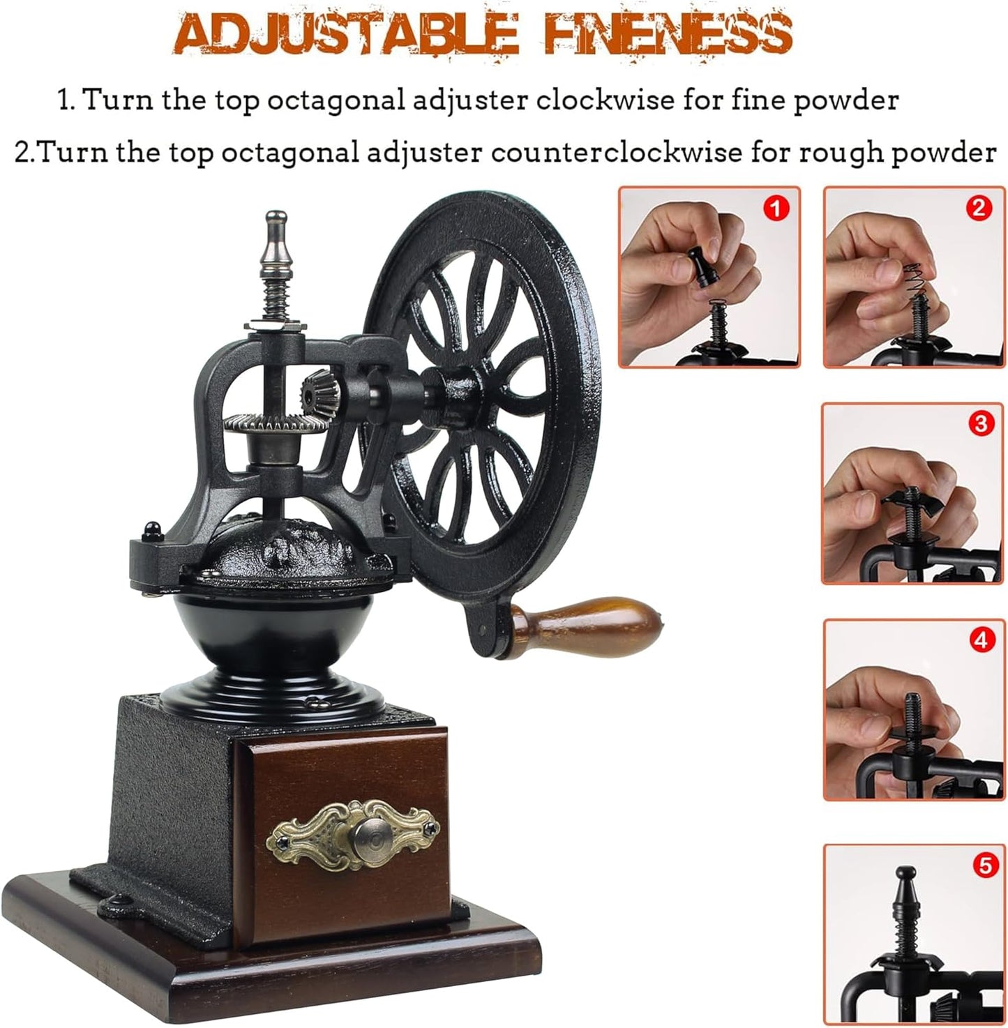 Vintage Manual Coffee Grinder with Cast Iron Wheel, Wood Handle, Carbon Steel Grinding Core, Black and Brown, 10.63x5.71 Inch