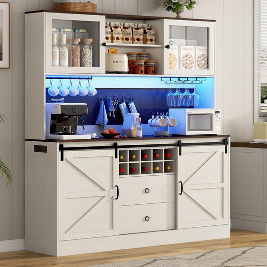 74" Tall 63" Wide Large Coffee Bar Cabinet w/Outlet,6000-color LED Light,Pegboard,Farmhouse Hutch Cabinet w/Barn Door,2 Big Drawers,Adjustable Shelves,10 Wine & Glasses Rack,5 Hook for Kitchen
