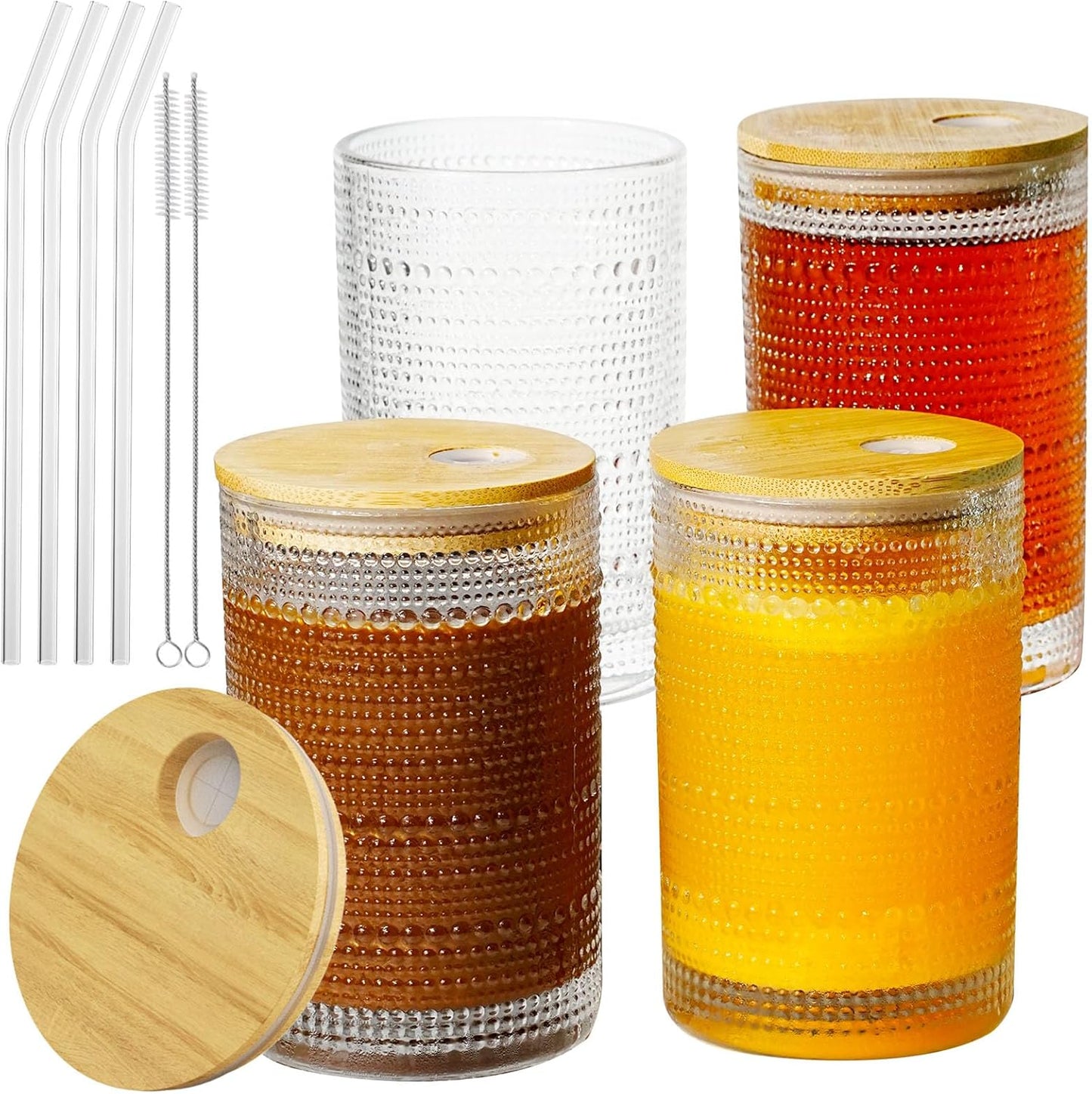 15 Oz Glass Cups with Lids and Straws, Vintage Embossed Glassware for Whiskey Cocktail Beer, Iced Coffee Cup with Lid (4 PACK)