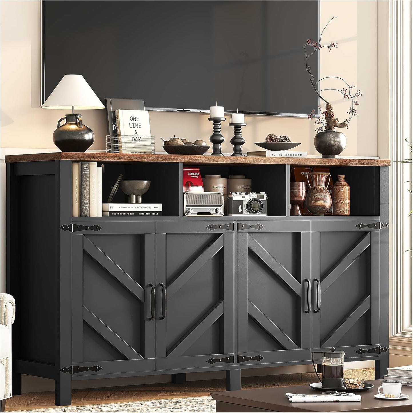 Buffet Sideboard with Storage Farmhouse with 4 Doors, 55'' Large Kitchen Storage Cabinet Wood Coffee Bar Cabinet Buffet Table with Shelves for Kitchen, Dining Room, Entryway (Black, 55 in)
