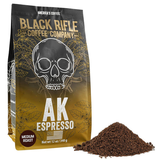 Black Rifle Coffee Company Ground Coffee Medium Roast - Roasted Blend Made from Pure Arabica Beans - Colombian & Brazilian Beans - Veteran Founded & American Made (AK Espresso, 12oz Bag)