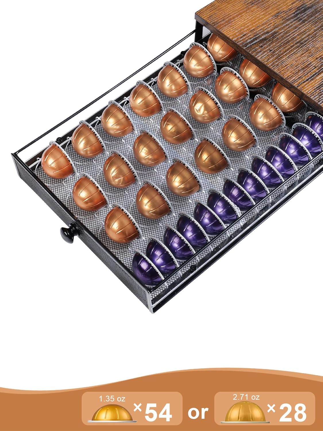 Coffee Pod Holder Drawer Organizer Compatible for Nespresso Vertuo Pods, Holds up to 54 Small or 28 Big Vertuo Pods Rustic Brown