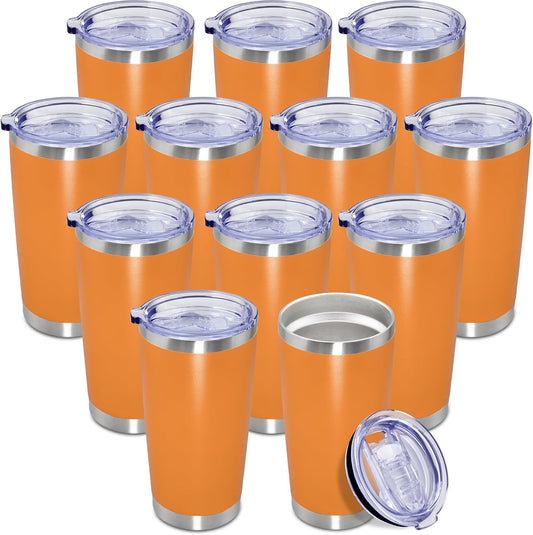 20 oz Tumbler Coffee Tavel Tumblers Bulk with Lid Stainless Steel Double Wall Vacuum Insulated Mug Powder Coated Cups fit Car Cupholder for Hot and Cold - Orange, 12Pack