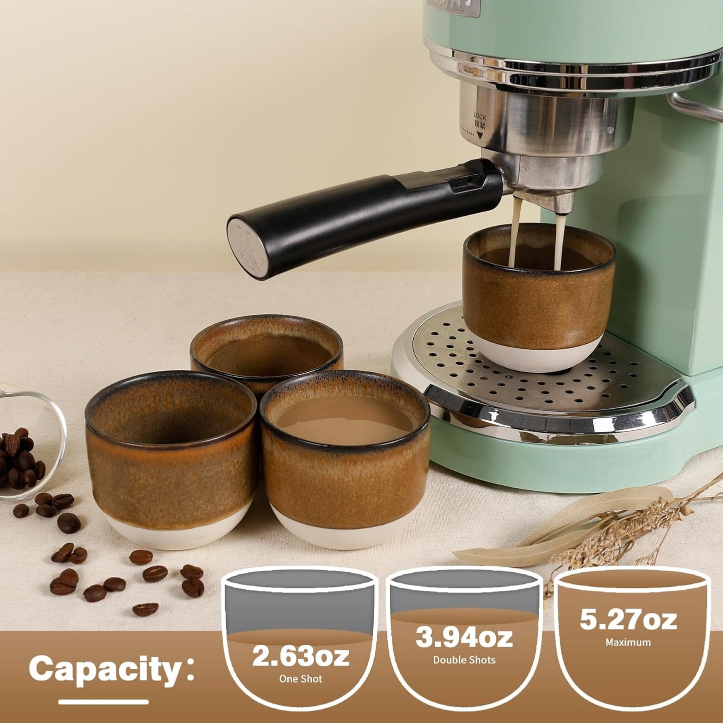 Ceramic Espresso Cups Set of 4, Double Walled Espresso Coffee Mugs for Nespresso Cups, Special glazed Demitasse Cups Expresso Coffee Cup for Espresso Machine (Brown)