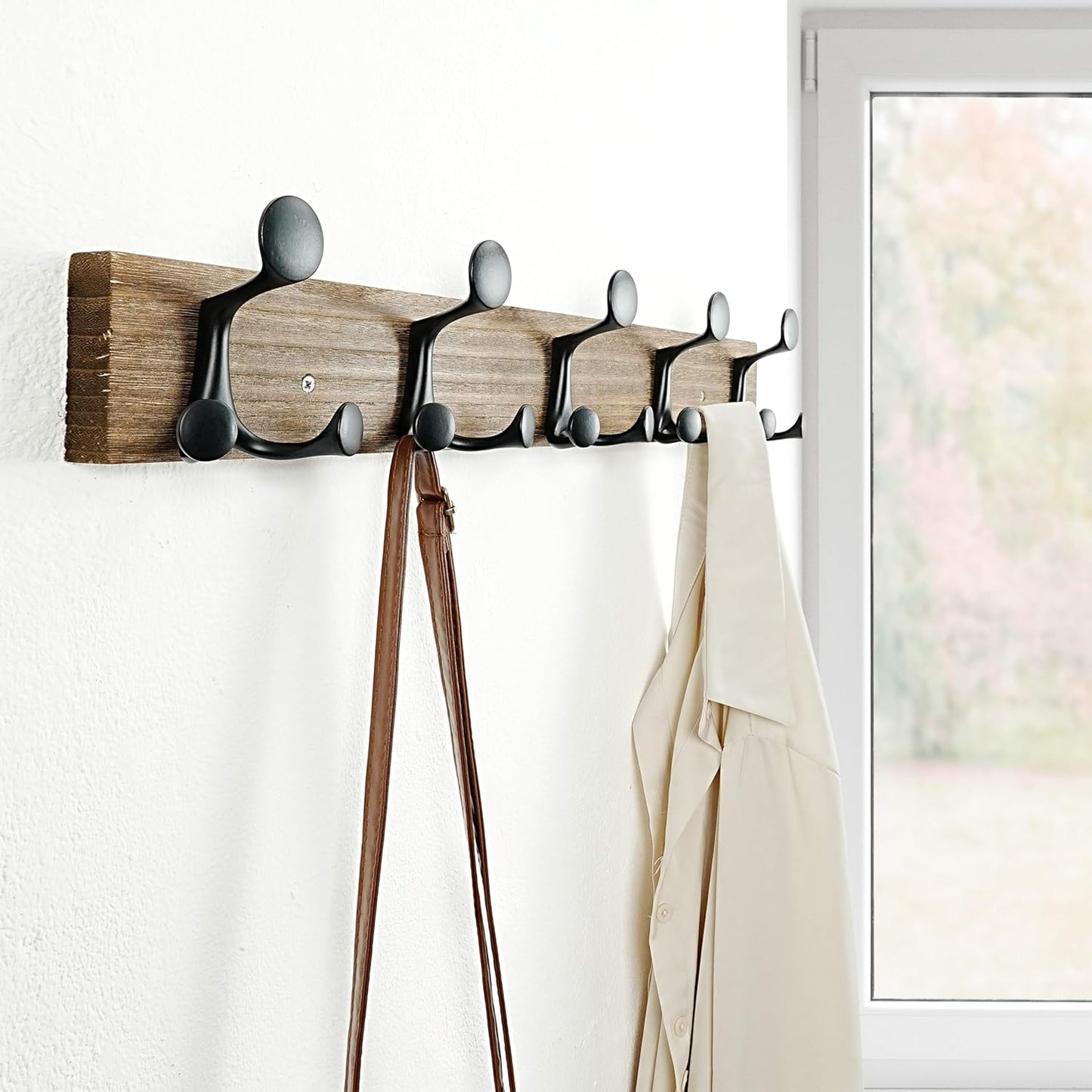 SKOLOO 24-Inch Wood Burnt Coat Rack Wall Mount with 5 Triple Hooks - Ideal for Family Entrances, Classrooms, and Pet Supplies Storage - Perfect Coat Hooks for Wall, Pack of 2