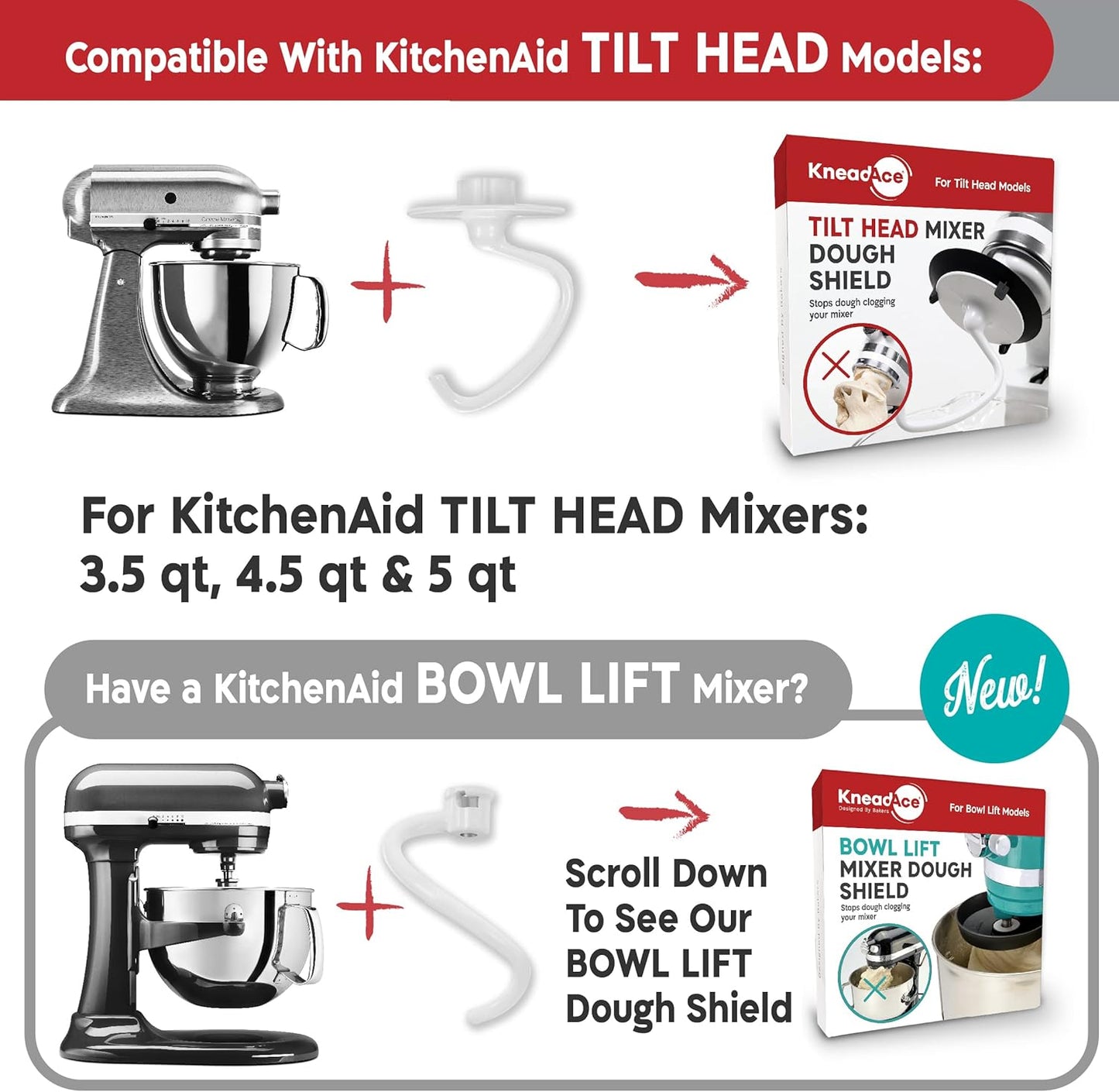Dough Hook Shield For Kitchen Aid - Prevents Your Dough from Climbing Up and Clogging Up Your Mixer – Mess Free Mixer Accessory Compatible With Most KitchenAid C Shape Dough Hooks (Red)