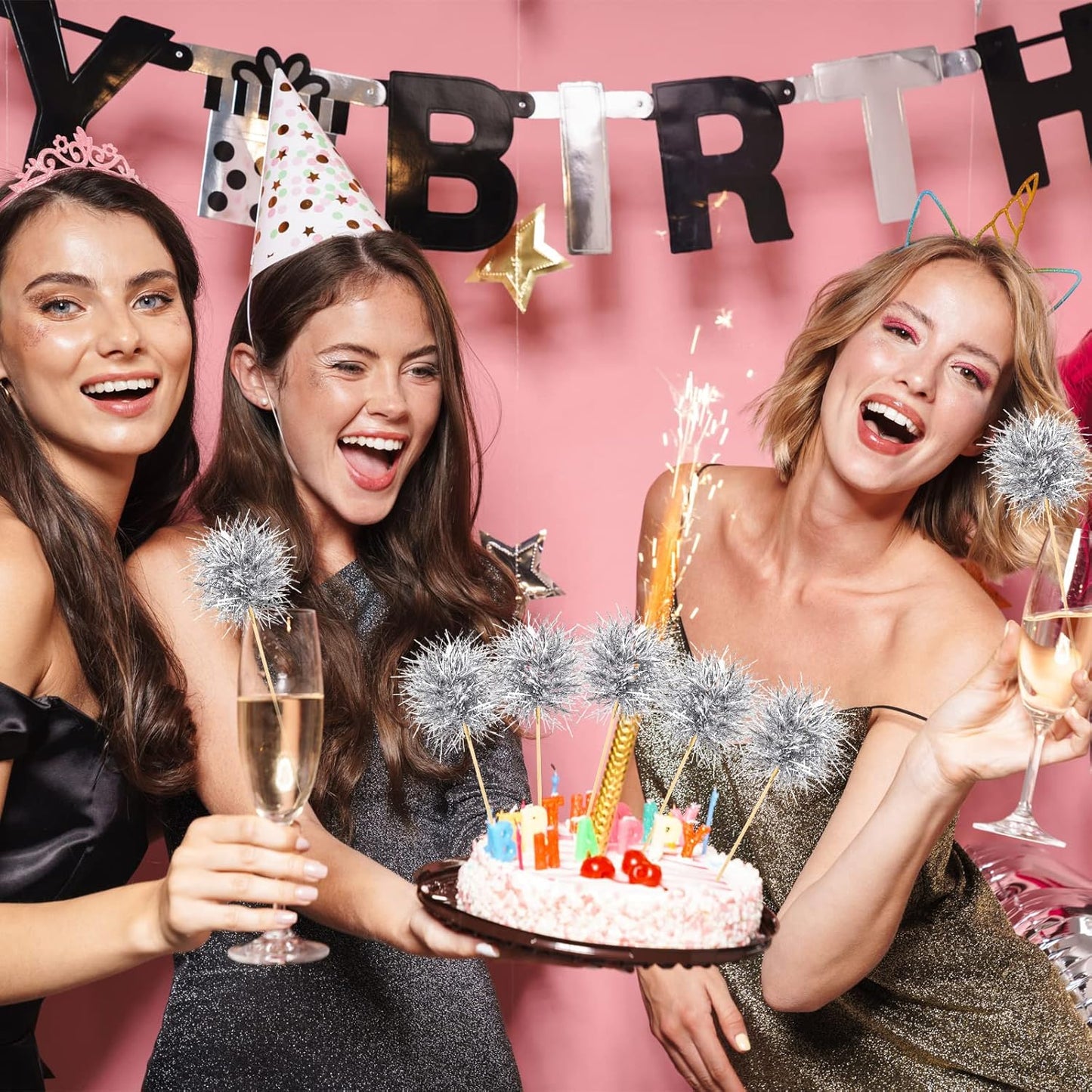 Chinco 100 Pcs Foil Firework Cupcake Toppers Sparkle Tinsel Cake Toppers Cake Decoration Cocktail Fruit Toothpick for Birthday Wedding Graduation Party(Silver)