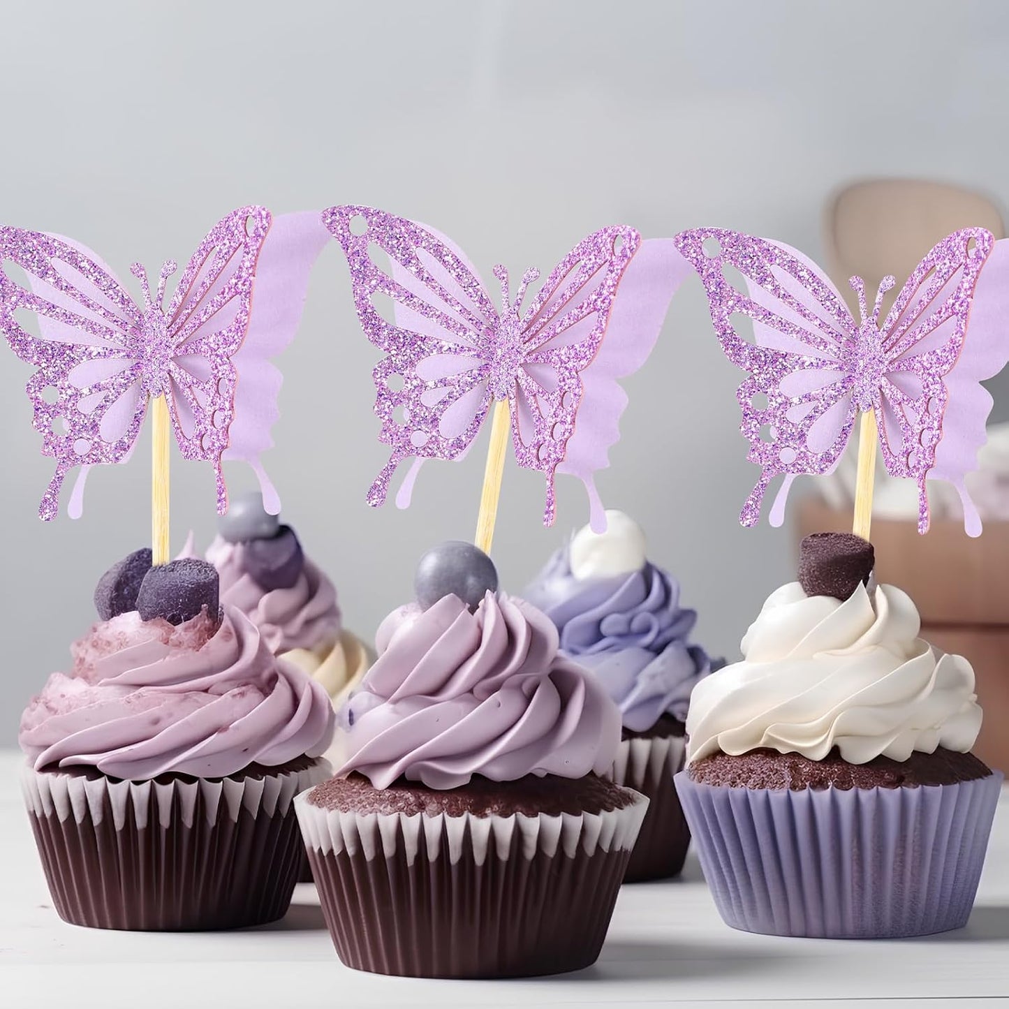 Chinco 48 Pcs Butterfly Cupcake Toppers Assembled Double Layer Cupcake Topper 3D Glitter Cake Topper Butterfly Cocktail Pick Decoration for Baby Shower Birthday Wedding(Glitter Purple,Retro Style)