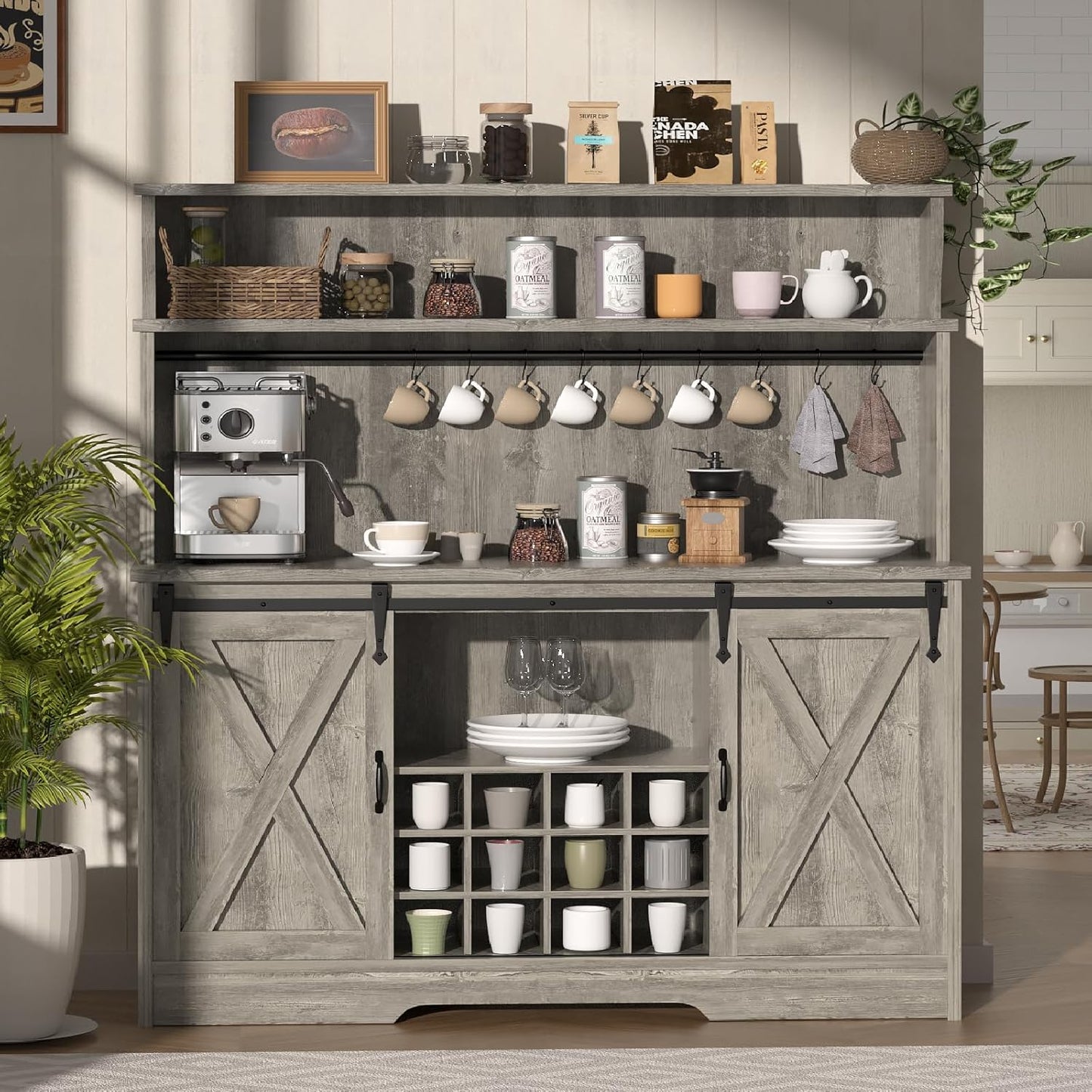 55'' Farmhouse Coffee Bar Cabinet with 3 Tier Storage Hutch, Coffee Bar Station with Sliding Barn Door, Hutch Storage Cabinet with 12 Wine Racks & 9 Hooks for Kitchen Dining Living Room