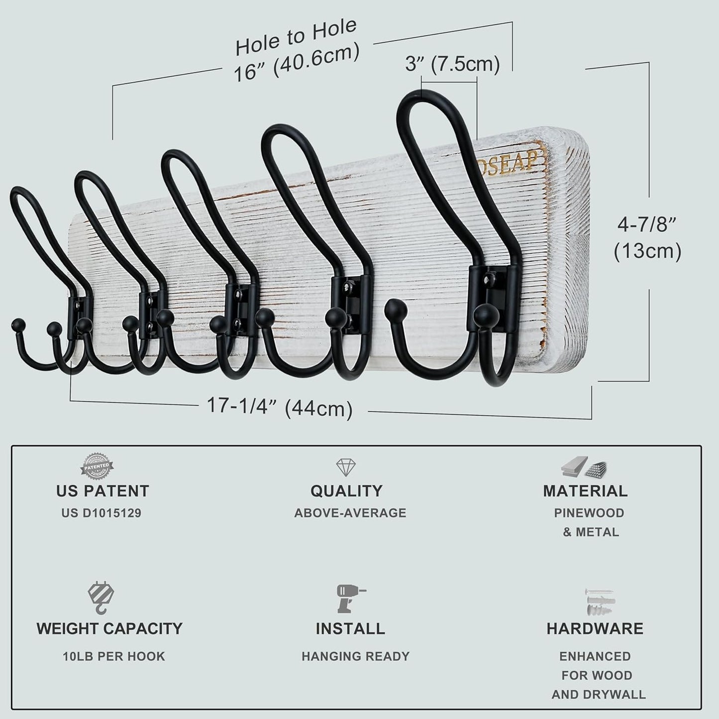 Dseap Coat Rack Wall Mounted - Heavy Duty Farmhouse Rustic Wall Coat Hanger with 5 Wire Hooks for Clothes Hat Jacket Towel, RusticWire, J1-5A, Whitewash & Black