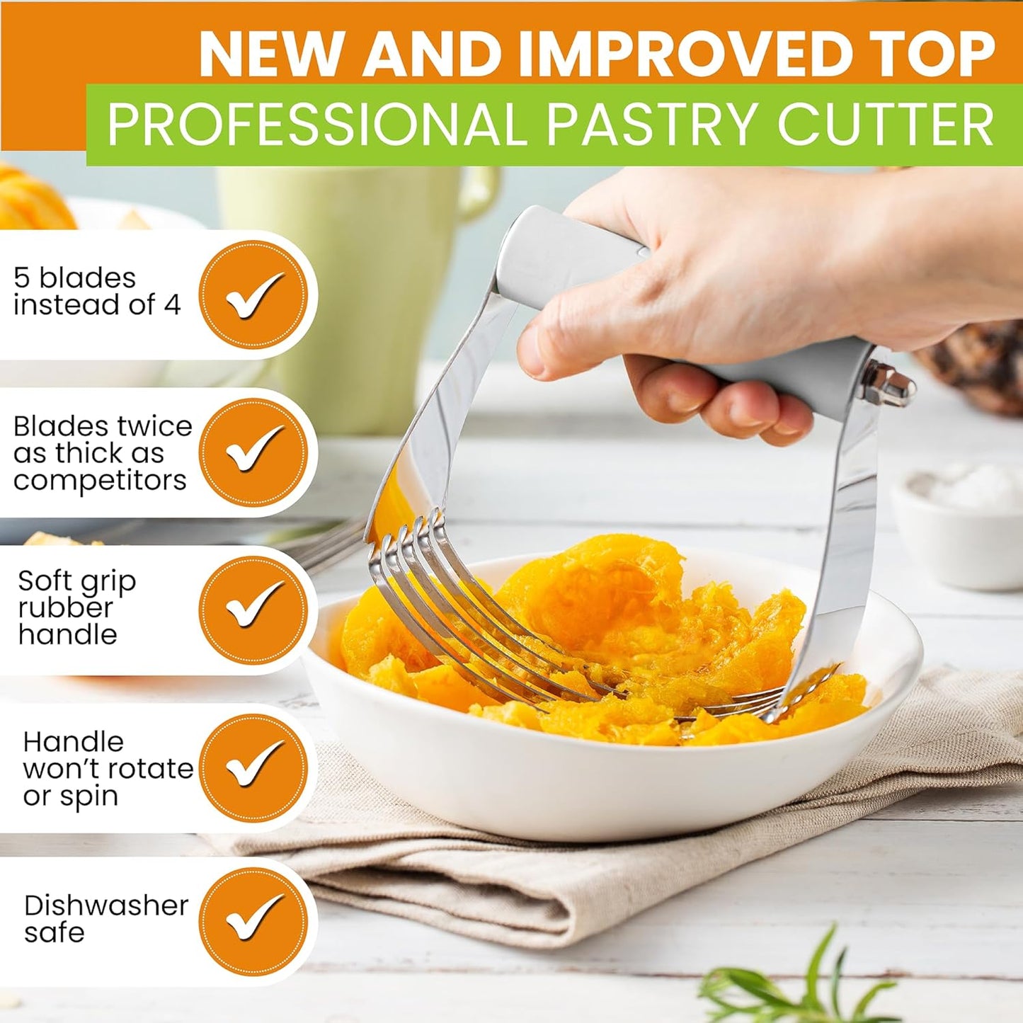 Spring Chef Professional White Dough Blender For Baking, Dough Cutter Tool, Stainless Steel Puff Pastry Cutter Tool with Sharp Blades, Dishwasher Safe Pastry Blender for Easy Mixing - Large Size