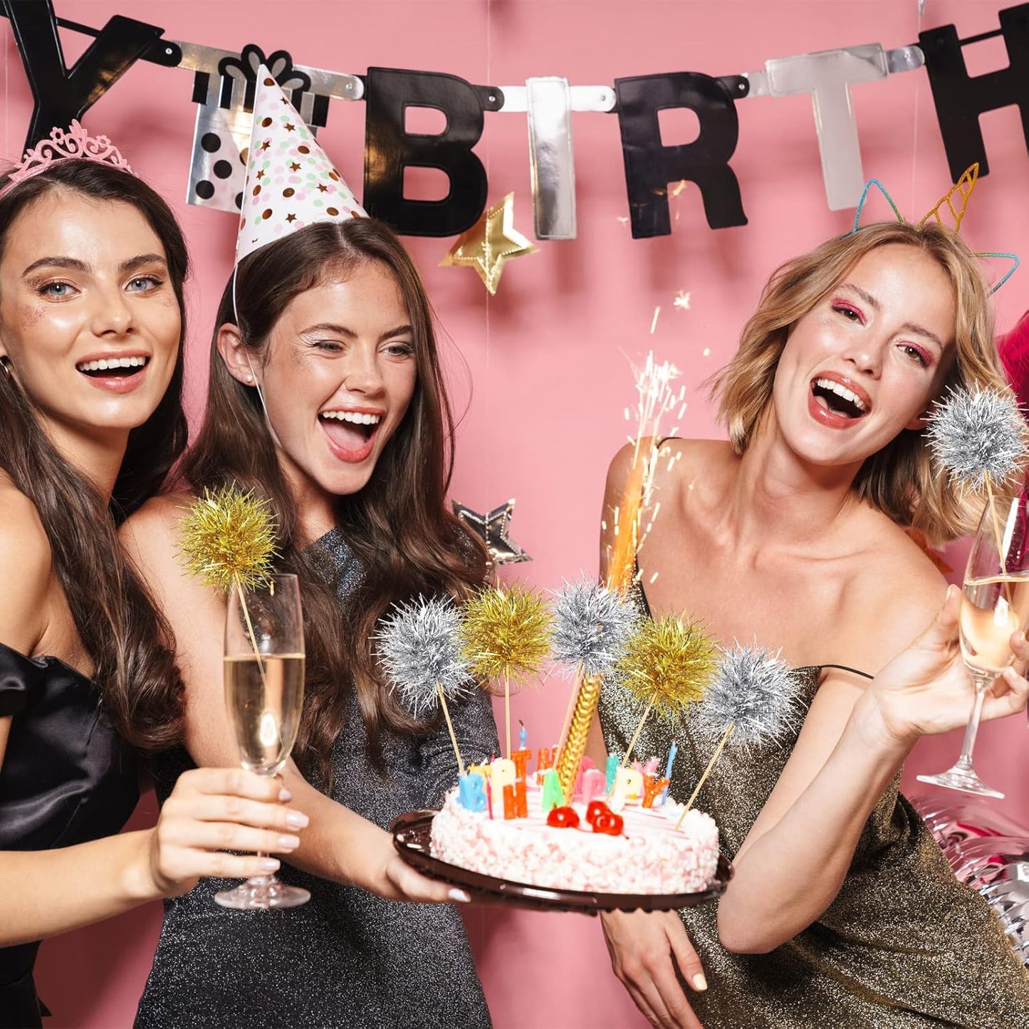 Chinco 100 Pcs Foil Firework Cupcake Toppers Sparkle Tinsel Cake Toppers Cake Decoration Cocktail Fruit Toothpick for Birthday Wedding Graduation Party(Gold, Silver)