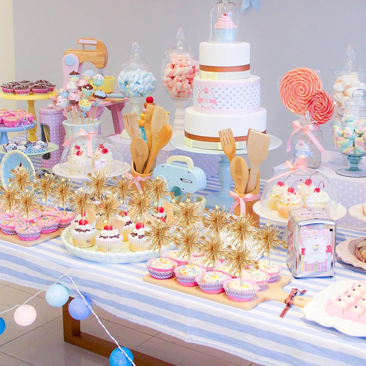 30 PCS Foil Firework Cupcake Toppers Happy Birthday Cake Toppers Star Sparkle Tinsel Flower Drink Stirrers Cocktail Fruit Toothpicks for Valentine's Day Baby Shower Birthday Party Supplies Gold