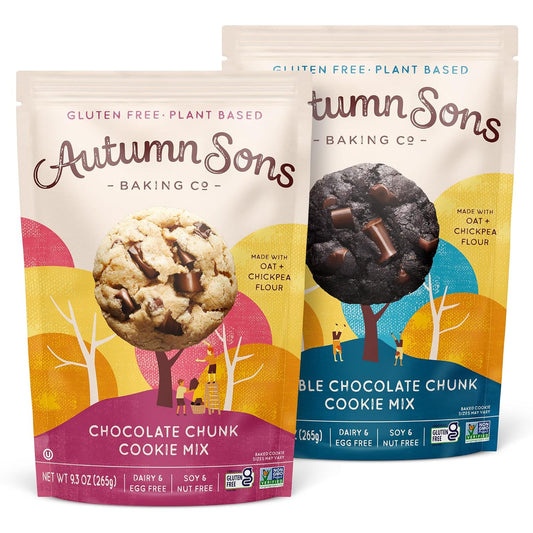 Autumn Sons Baking Co. Gluten Free Chocolate Chunk & Double Chocolate Chunk Cookie Mix Combo Pack. Vegan Plant Based Baking Mix. Free From 11 Common Allergens. 9.3 oz (Pack of 2)