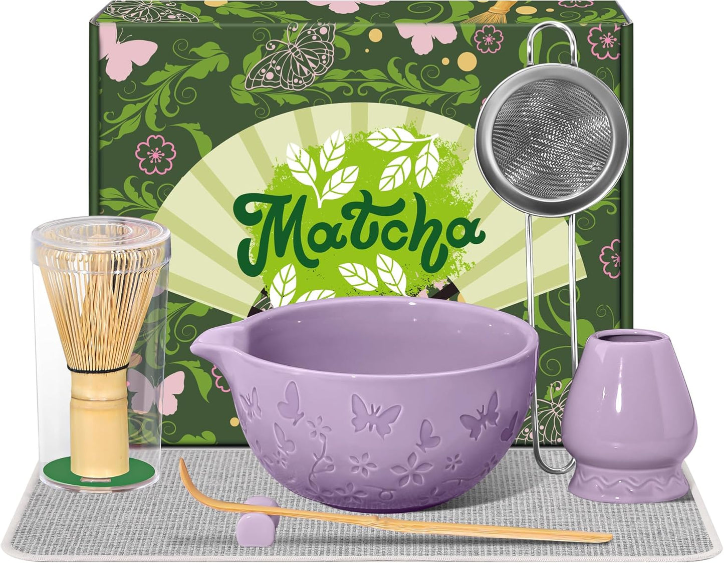 Matcha Whisk Ceramic Matcha Whisk Set Bamboo Whisk, Bowl With Spout, Powder Starter Sifter, Ceramic Whisk Holder, Tea Towel, Scoop and Scoop Rest for Matcha Tea Ceremony Purple