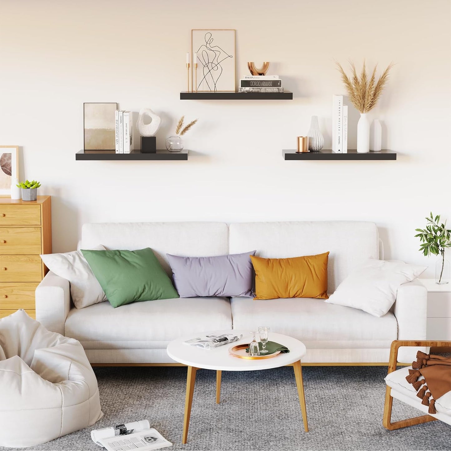 Floating Shelves Set of 3, Black Wood Wall Mounted Shelf 16" for Kitchen, Living Room, Bedroom, Bathroom Storage, Book Shelf, Home Decor, Frame Display