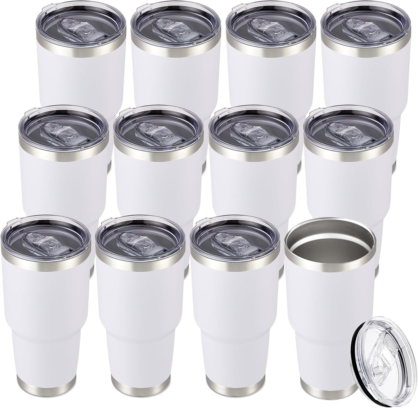 30 oz Tumbler with Lid Stainless Steel Tumblers Bulk Vacuum Insulated Cup Reusable Powder Coated Travel Mug Double Wall Leak Proof Cups Keep Cold Drinks for 12 Hours White, Set of 12
