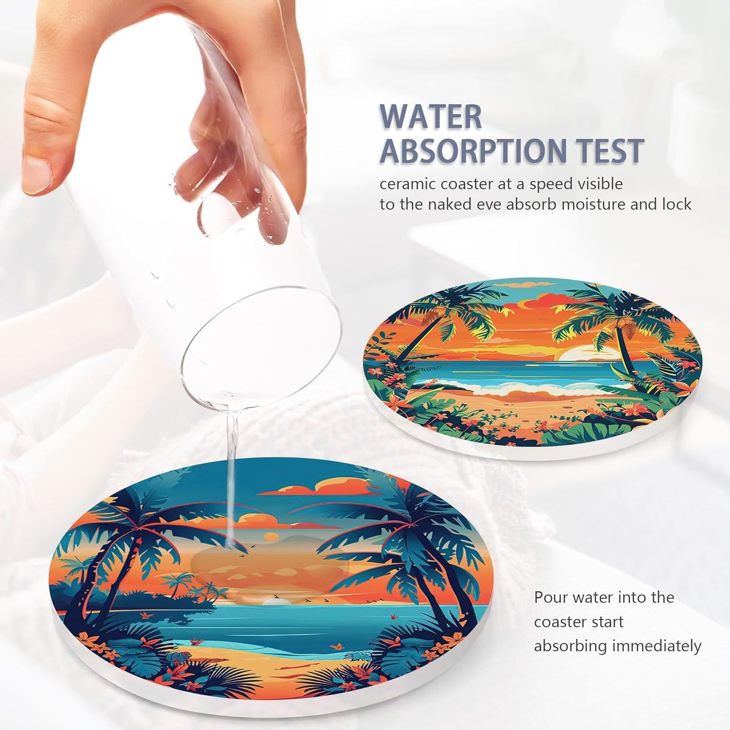 Drink Coasters Set of 6 with Holder, Palm Trees Beach Sunset Absorbent Ceramic Drink Coaster for Tabletop Protection,Suitable for Kinds of Cups,Drinks Coasters for Home Office Decoration(4 Inches)