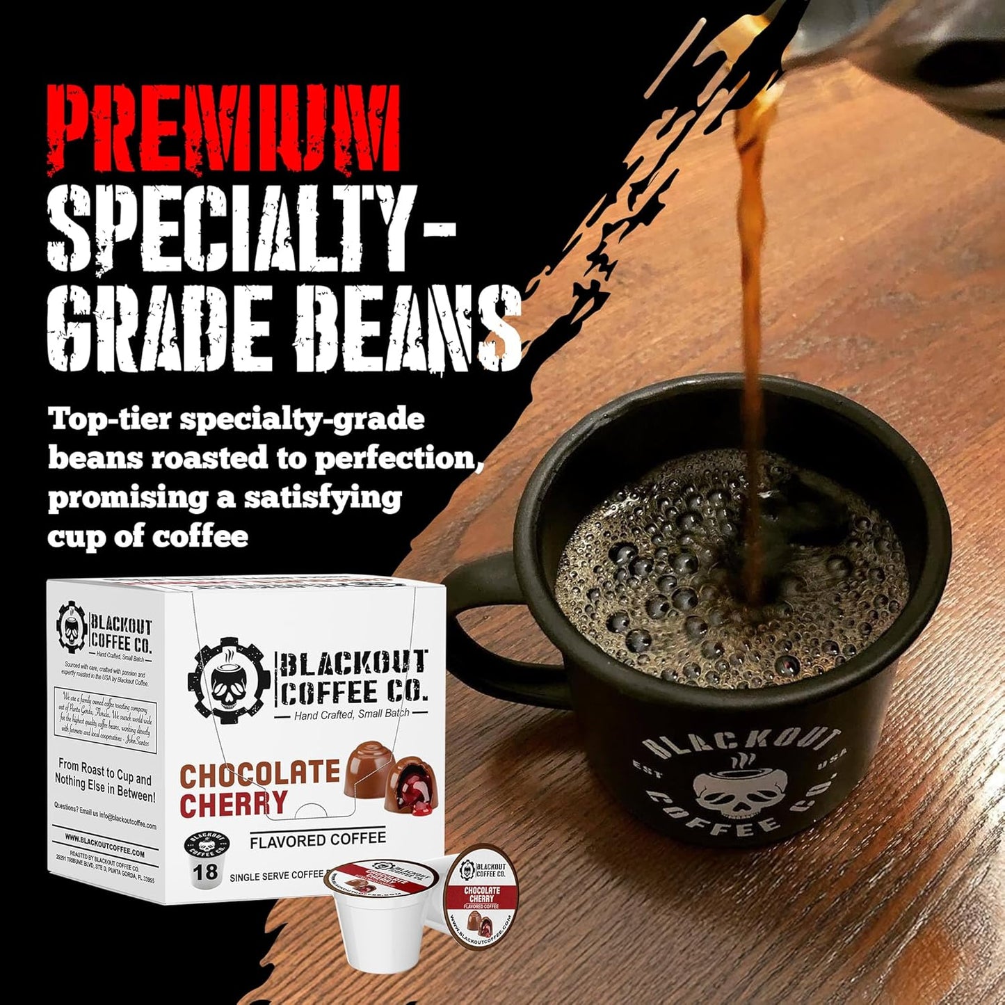 Blackout Coffee Chocolate Cherry Flavored Pods - Freshly Roasted in the USA - K-Cup Compatible Single-Serve Pods (18 Count)