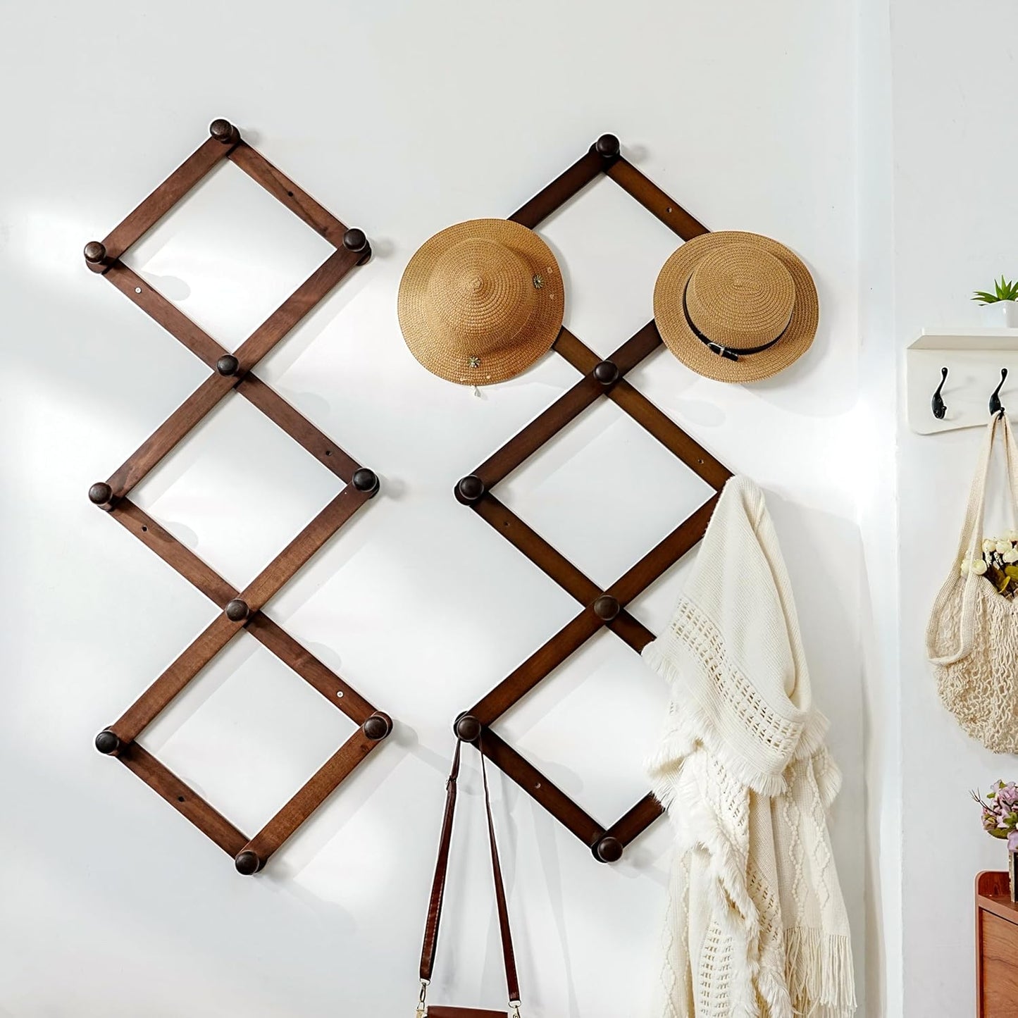 Dseap Expandable Coat Rack (Larger Version) - 24” High, Anti-Slip, Ultra Heavy Duty Wooden Accordian Wall Hanger with 10 Study Peg Hooks for Clothing Hats Jackets Bags, Brown