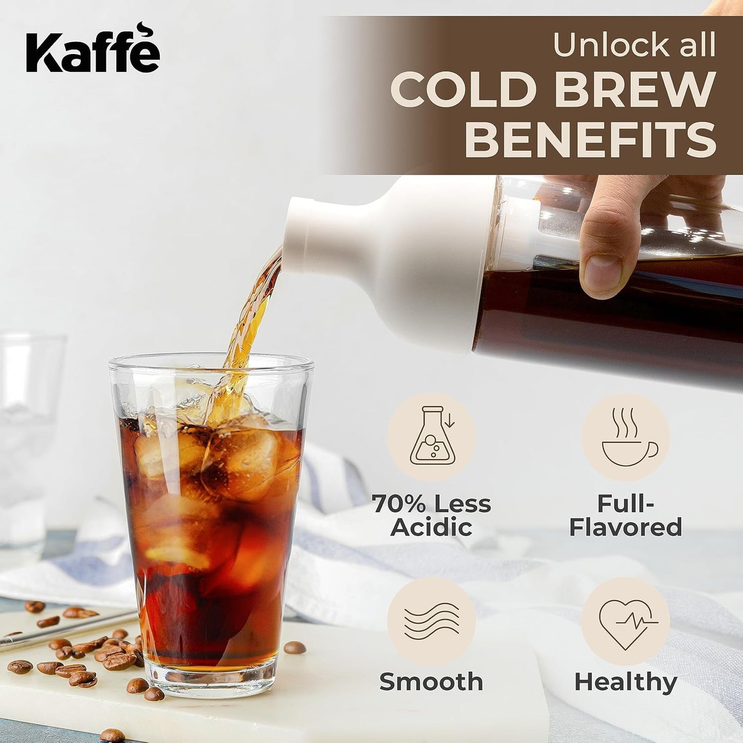 Kaffe Cold Brew Coffee Maker (38oz / 1L) - Borosilicate Glass, Airtight Seal & Dishwasher Safe - Iced Coffee Maker Bottle - Removable Mesh Filter - Up to 6 Cups of Cold Brew Coffee