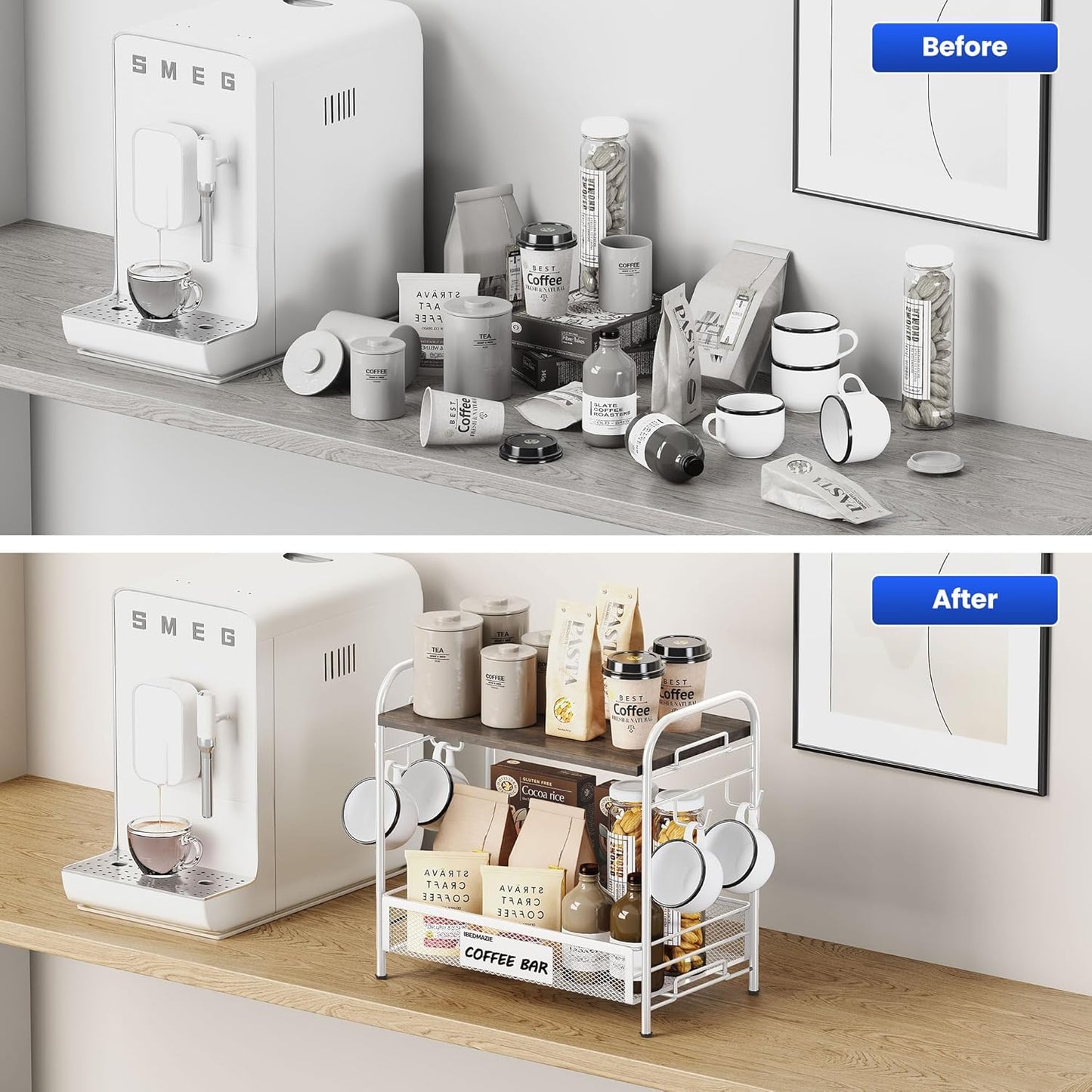 Coffee Bar Organizer for Countertop Station, Simple Assembly 2 Tier Shelf for Home,Office, Coffee Cup Holder Storage Organization for Counter Accessory Storage Rack with 4 Hooks Space-Saving