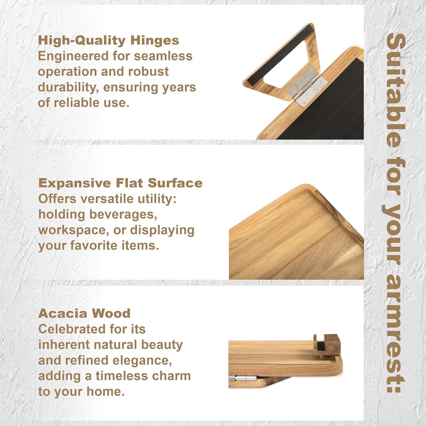 Acacia Wood Sofa Armrest Tray-15.4 x 9.84 in Double Hinge Sofa Arm Tray Table Clip-Couch Arm Table-Wooden Side Tables for Eating (Acacia,15.4" D x 9.84" W x 5.7" H)(Light Natural)